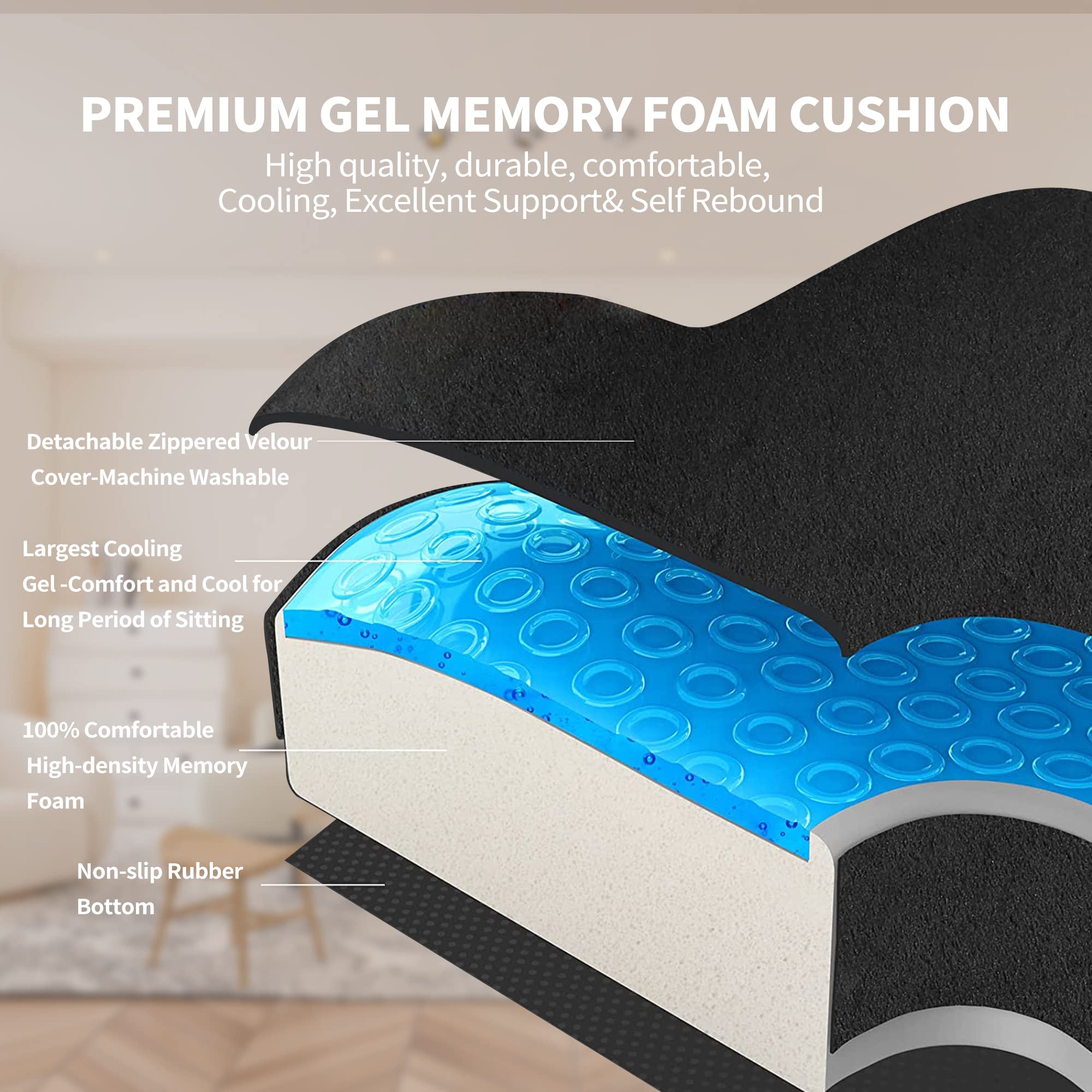 Cojín de asiento de gel refrescante para sentarse durante mucho tiempo, almohada de espuma viscoelástica para aliviar el dolor de ciática, cojín ortopédico de gel y espuma viscoelástica para el dolor