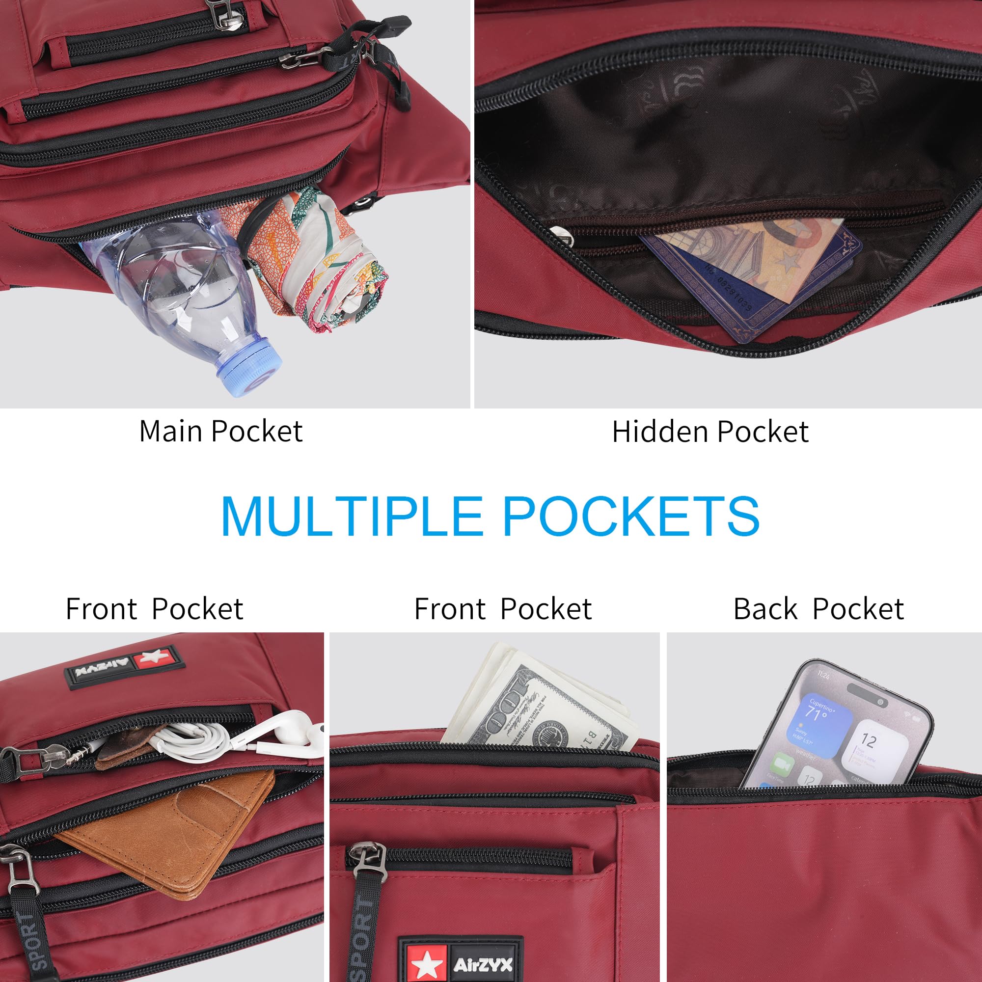 Sac Banane Homme Femme Imperméable Ceinture de Voyage Sport Pochette Ville de Sécurité pour Cacher et Protéger Argent Sacoche Banane 6 Poches Randonnée Vacance