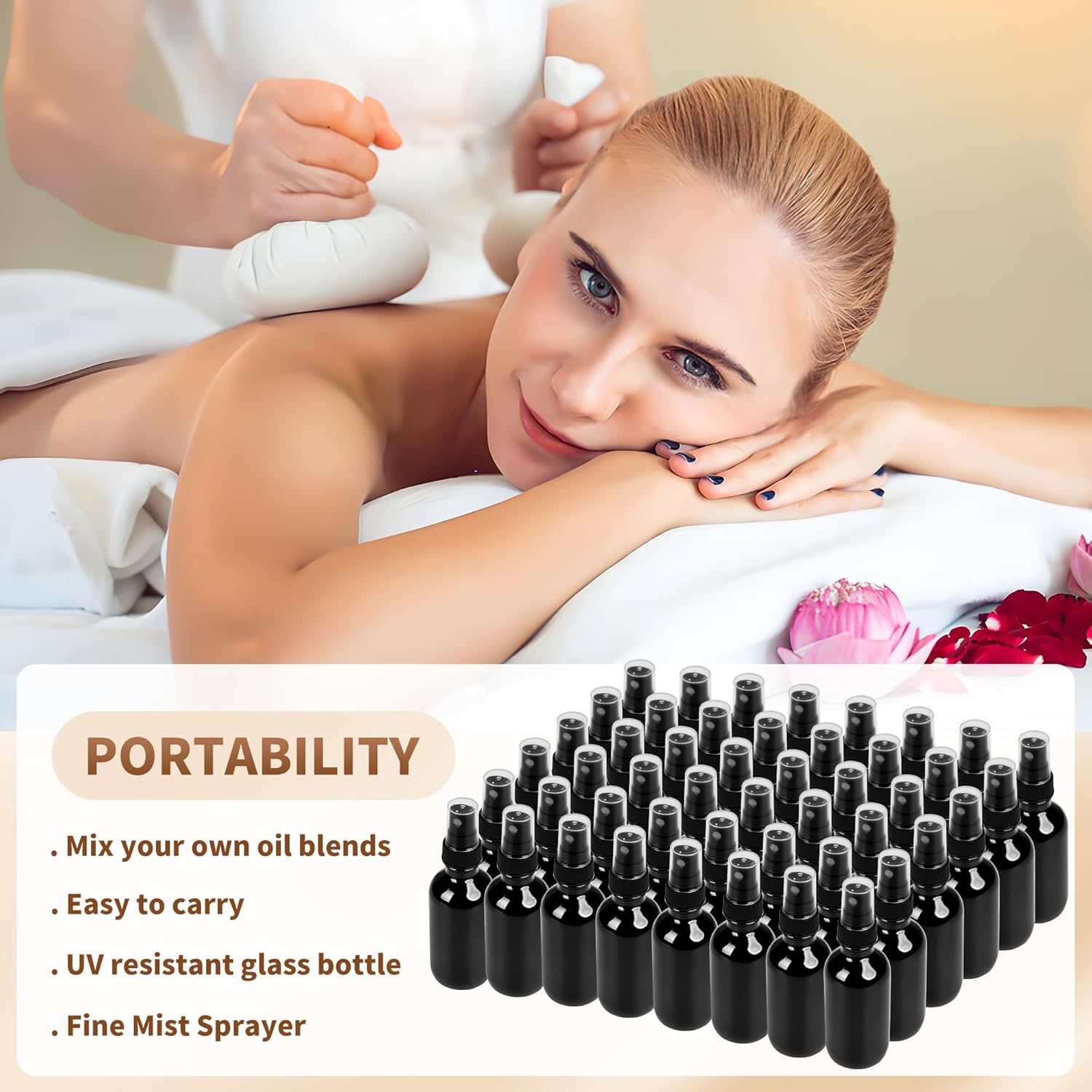 BILLIONSTARS 48 Pack 2oz Glass Boston Round Bottle with Fine Mist Sprayer - UV Black - Essential Oils, Bath, Beauty, Hair & Cleaning - Leakproof Travel Bottles