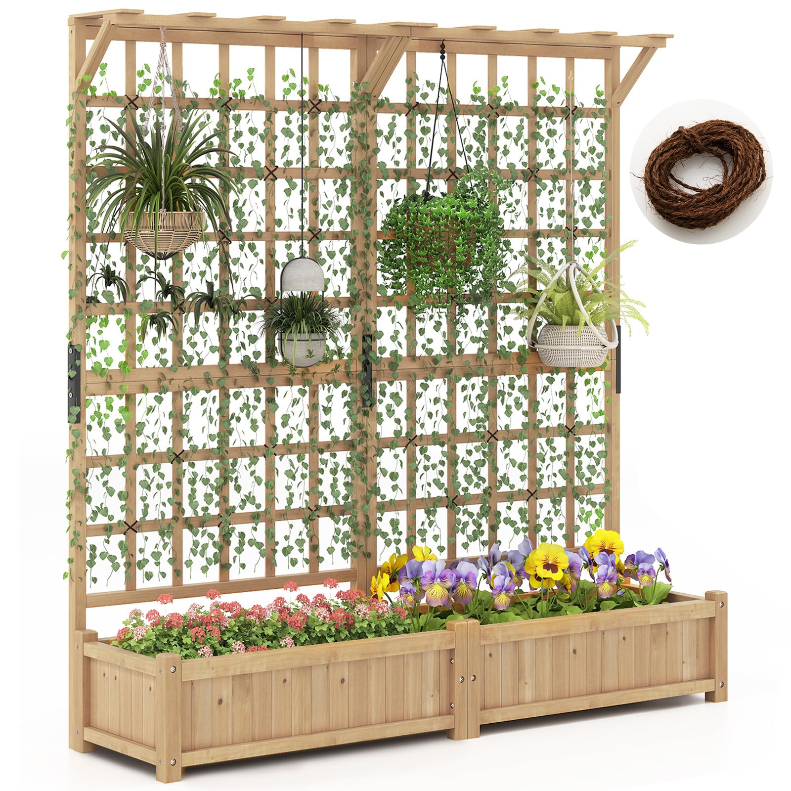 RELAX4LIFE Jardinière Surélevée avec Treillis 183CM, Jardinière sur Pied en Bois avec 4 Trous de Drainage, Conteneur de Plantes Vertical Pourvignes Grimpantes, Naturel