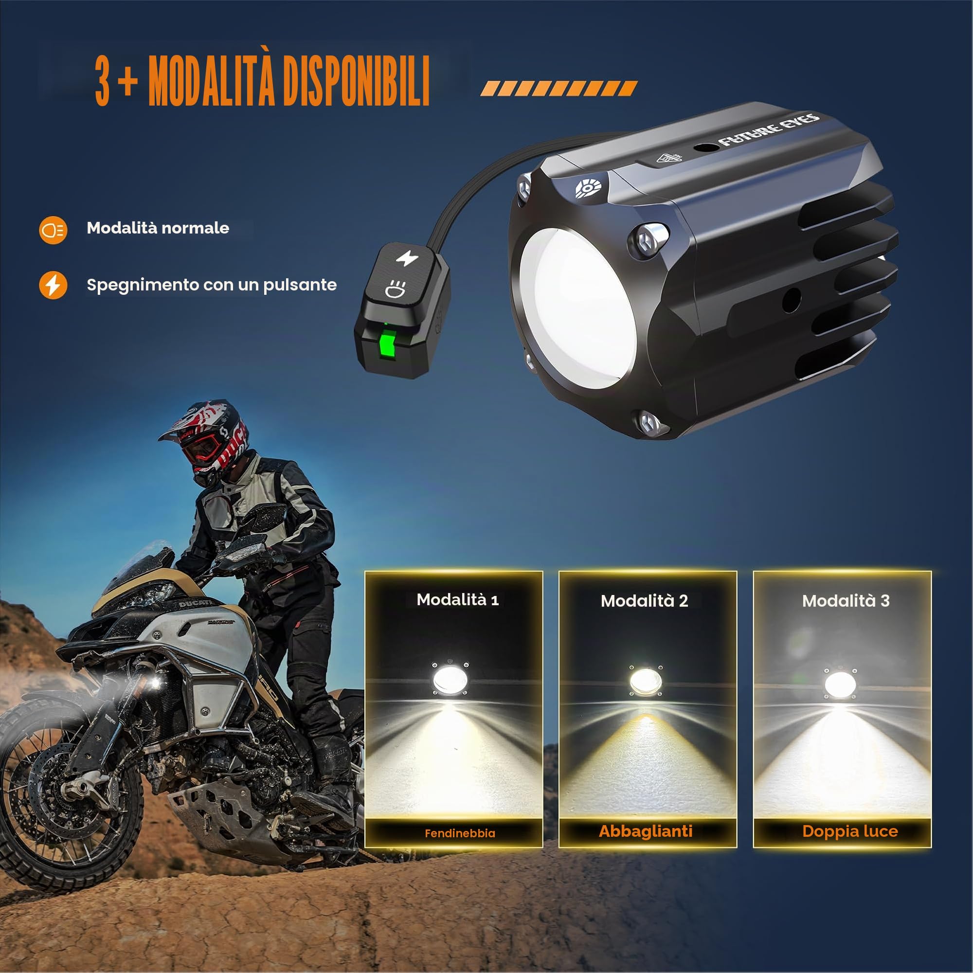 Future Eyes Faretti Supplementari Moto LED 120W 12000LM CE E-Mark E57, IP67 Impermeabili Fari, Fari Supplementari Moto 60W Doppio Fascio con Supporto 360°