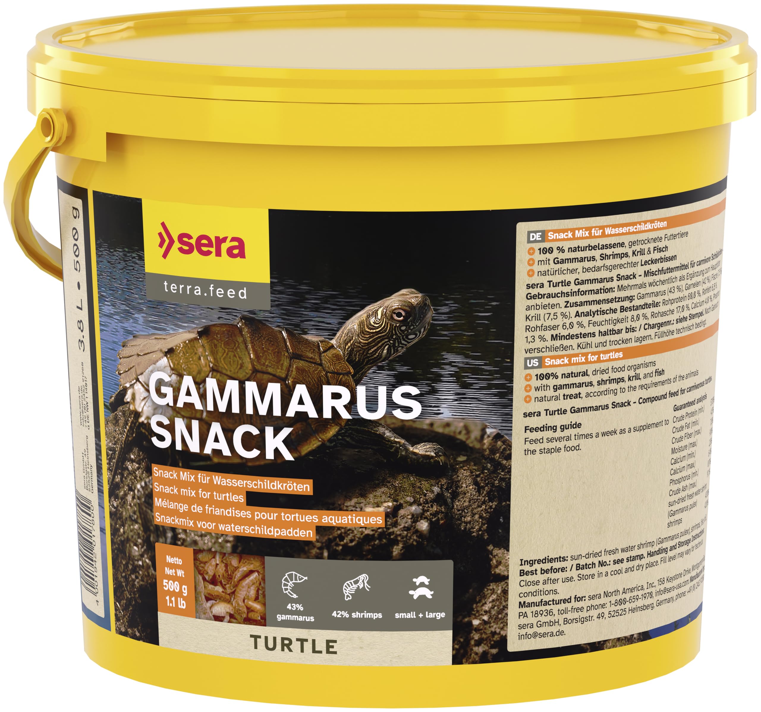 sera Turtle Gammarus Snack 3,8L (500g) | Comida Tortuga para Tortugas Acuáticas | Comida para Tortugas de Agua con Gammarus, Krill y Gambas | Snack Rico en Proteínas | Alta Aceptación