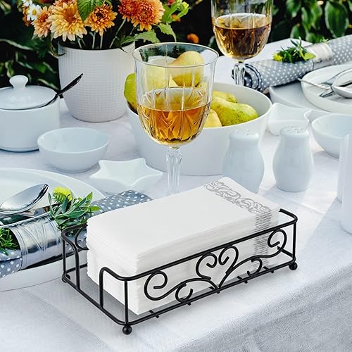 Miniatura 4 de MyGift Toallero de papel plegable de alambre de metal negro clásico con diseño vintage de volutas, bandeja dispensadora de servilletas para mesa de