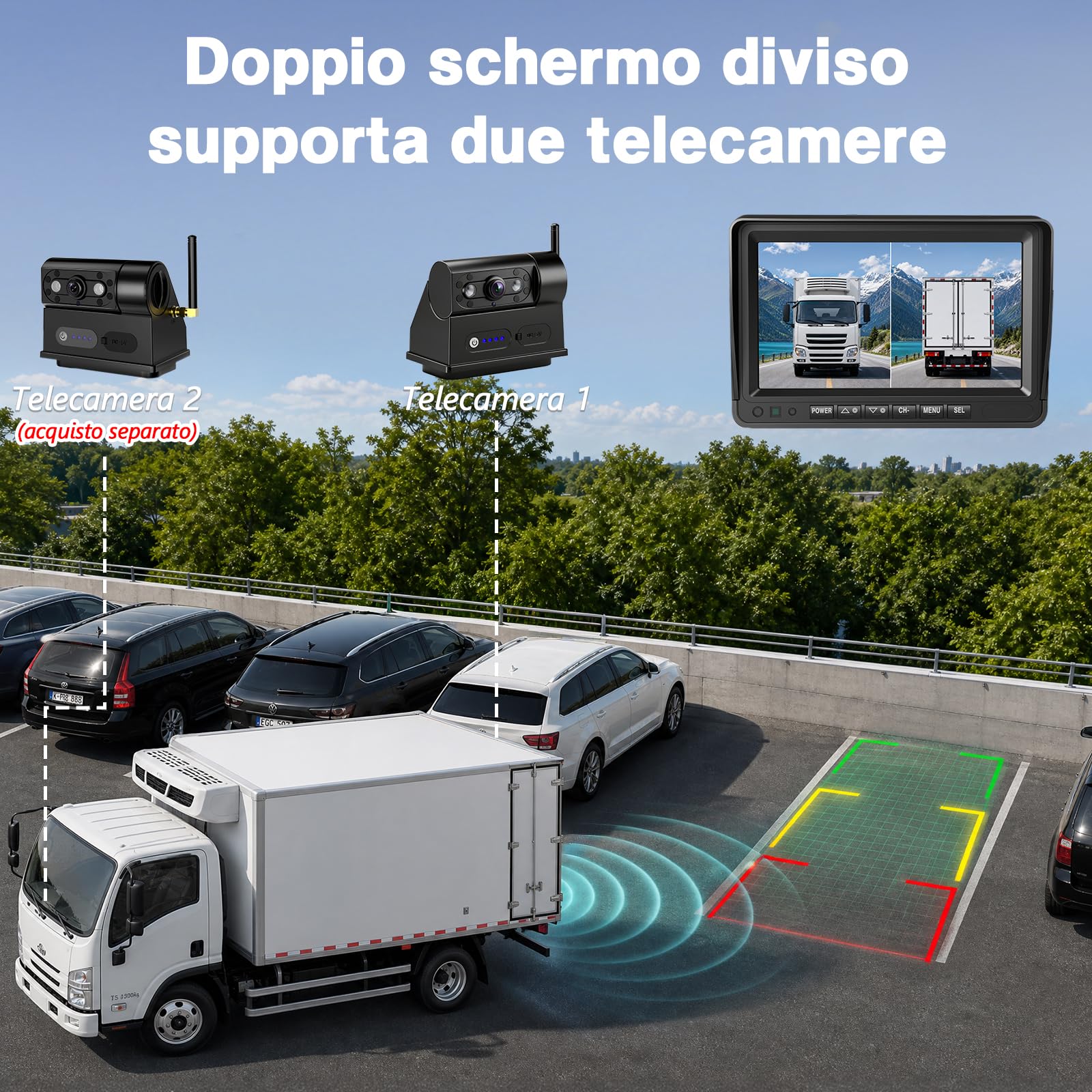 Telecamera Retromarcia Solare Wireless 10000mAh, Monitor 7" IPS con DVR, Portata Lunga, Montaggio Magnetico, 1080P HD Visione Notturna, IP67 per Camper Furgone Camion(VS-7G)