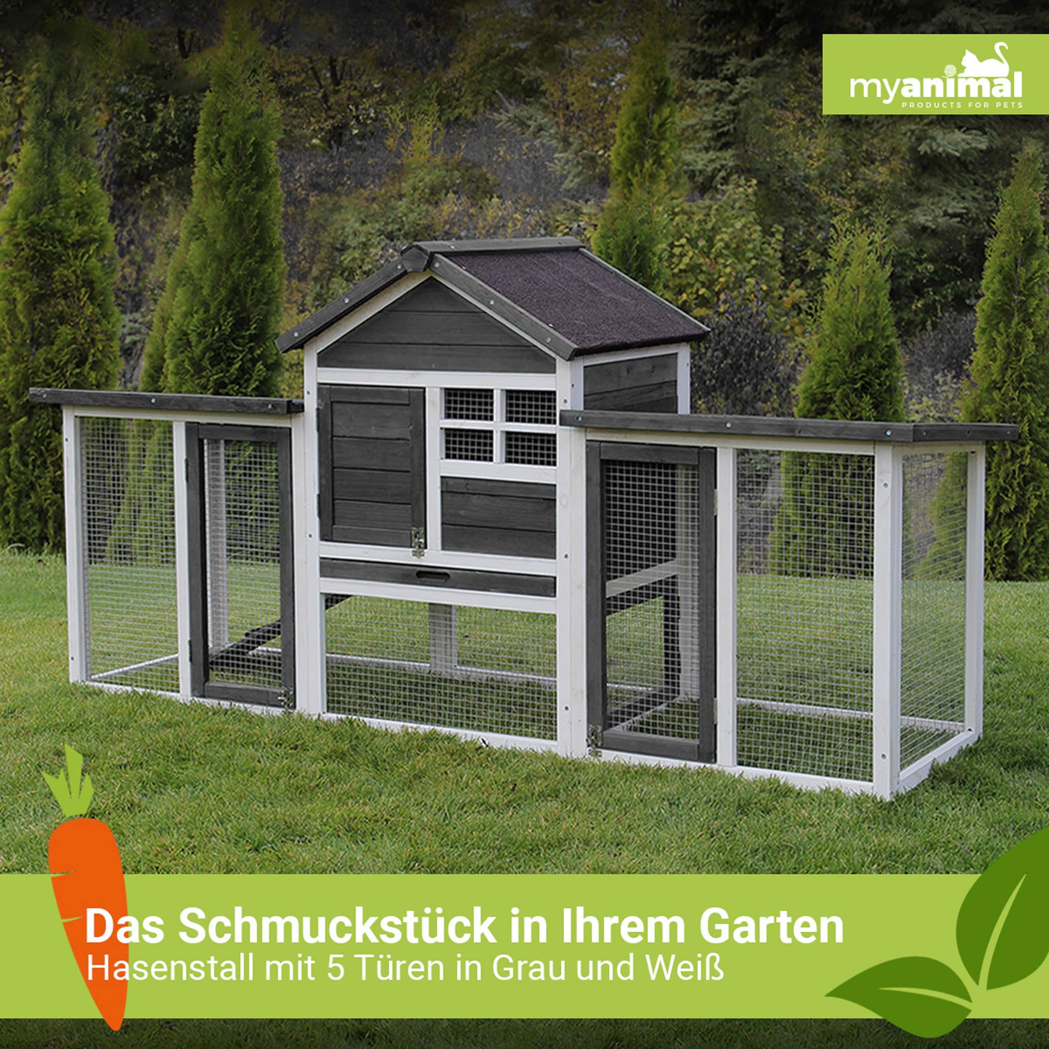 Miweba MyAnimal Hasenstall MH-31 | 181x60x95 cm - Kaninchenstall mit Freilaufgehege - Hasenkäfig - Kleintierkäfig - Holz imprägniert - Kaninchenkäfig Winterfest - Käfig - Hasenhaus (Grau/Weiß)