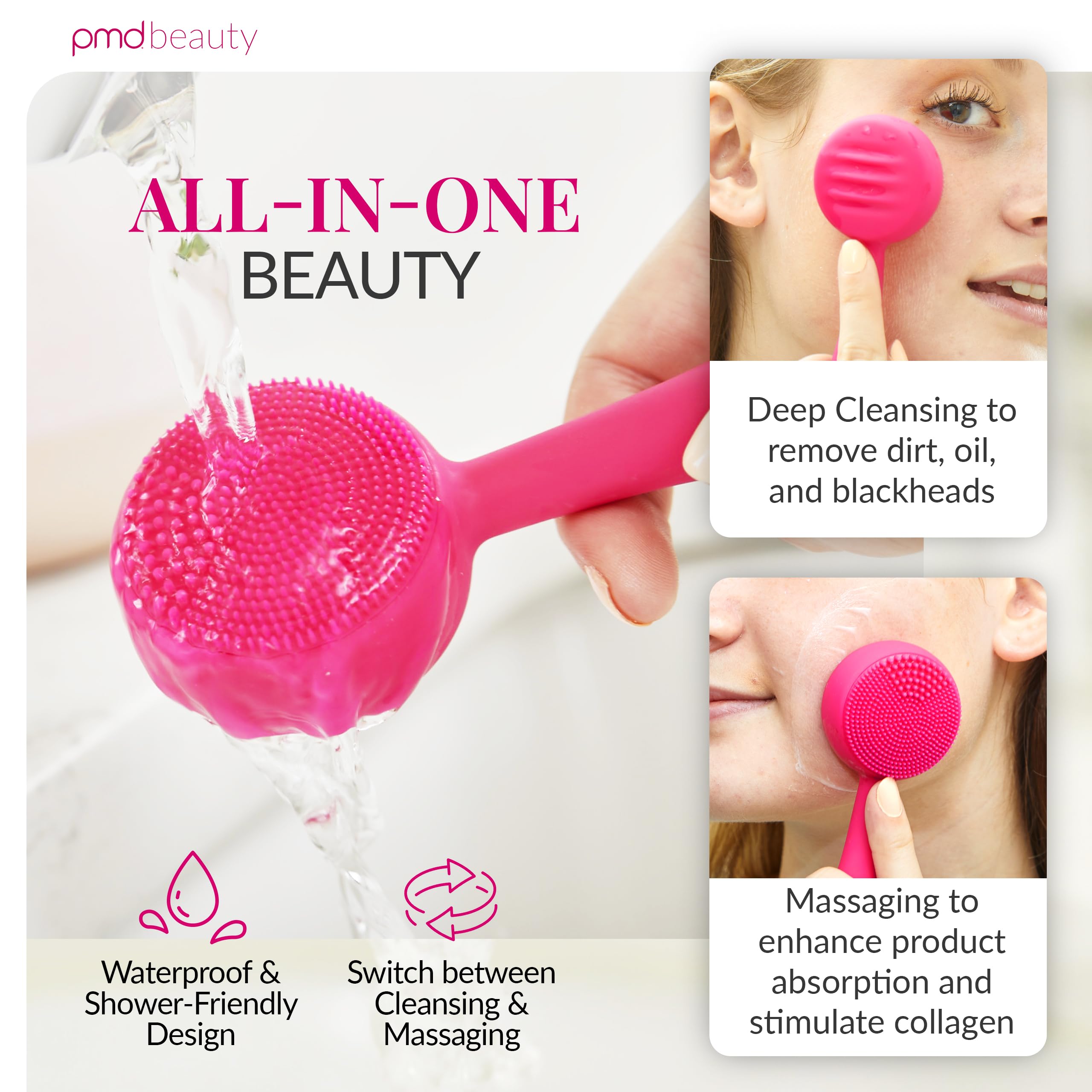 PMD Clean Facial Cleansing Brush – Waterproof Silicone Face Cleanser with Sonic Technology, Pink view 3
