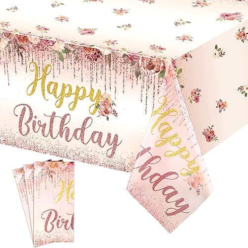 3 manteles florales para fiesta de cumpleaños, color oro rosa, con purpurina, mantel de plástico desechable, decoración de cumpleaños para niñas,