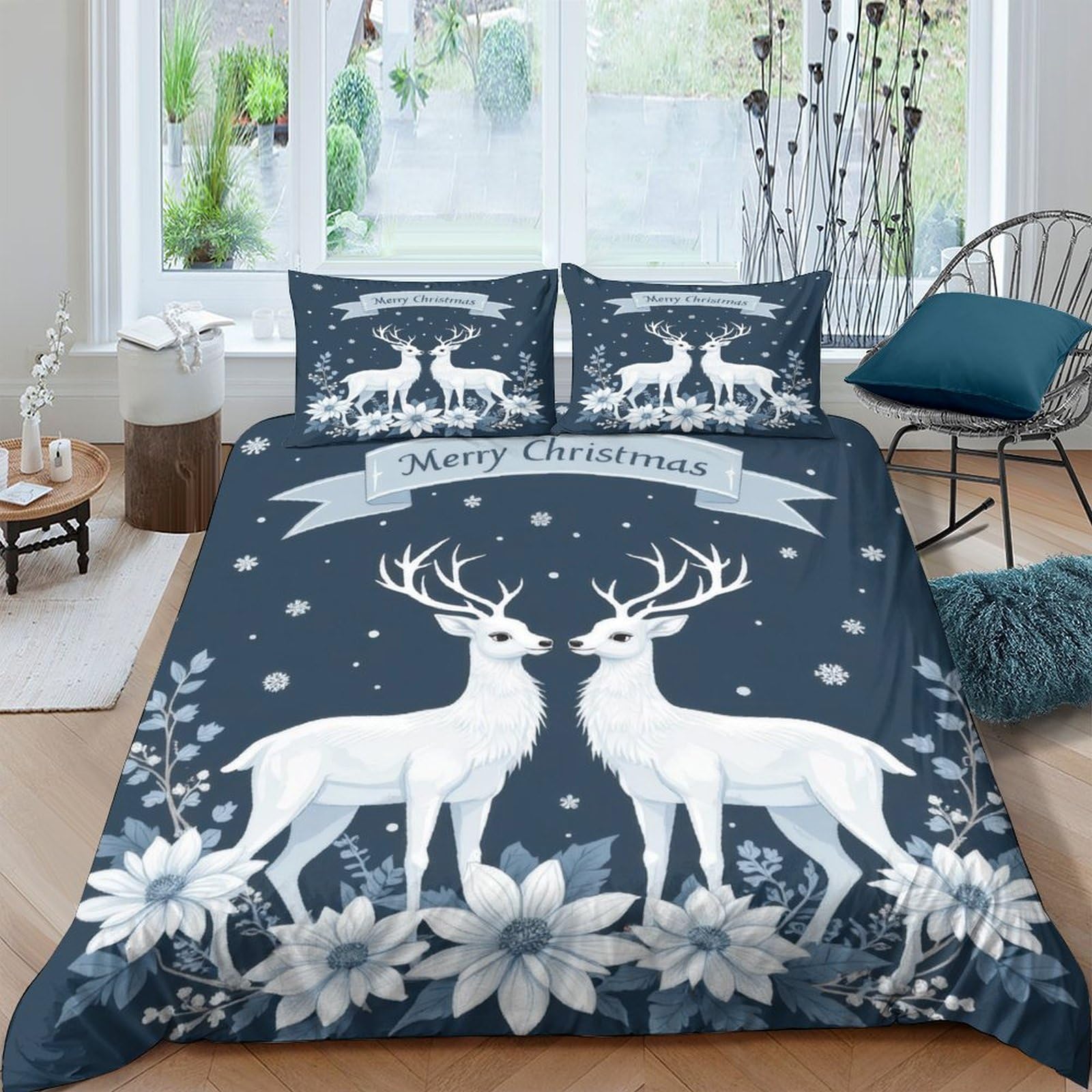 GPLZQXKJNH 3D Printed Christmas Reindeer Duvet Cover Microfiber Soft Breathable Snow Forest Bedding Set with 2 Pillowcases for Bedroom Decor, Navy Blue Single（135x200cm）