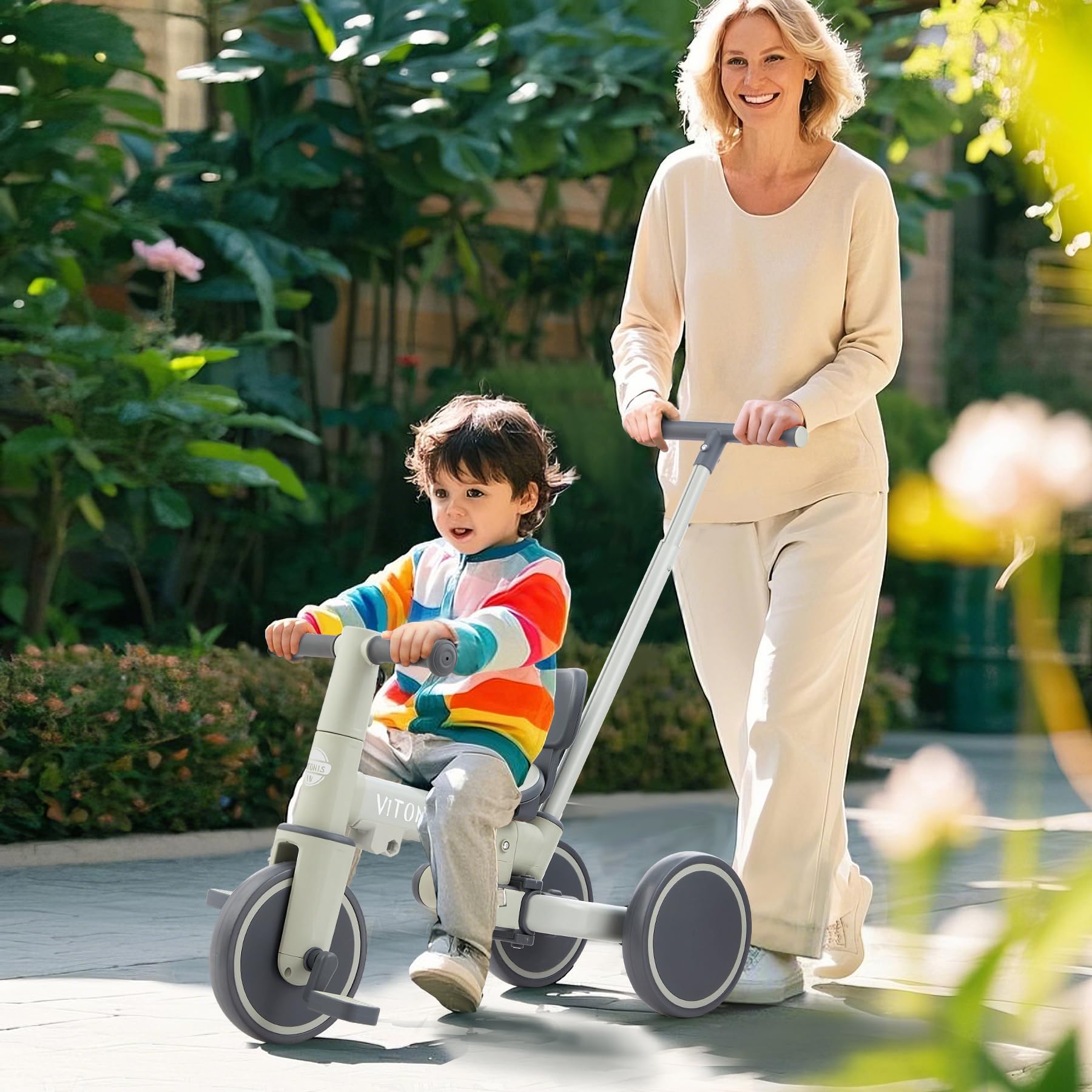 VITONIS bicicletta senza pedali da 1 anno, triciclo 5 in 1 con barra di spinta per bambini, girello per bambini da 1 a 4 anni Regali e giocattoli (verde)