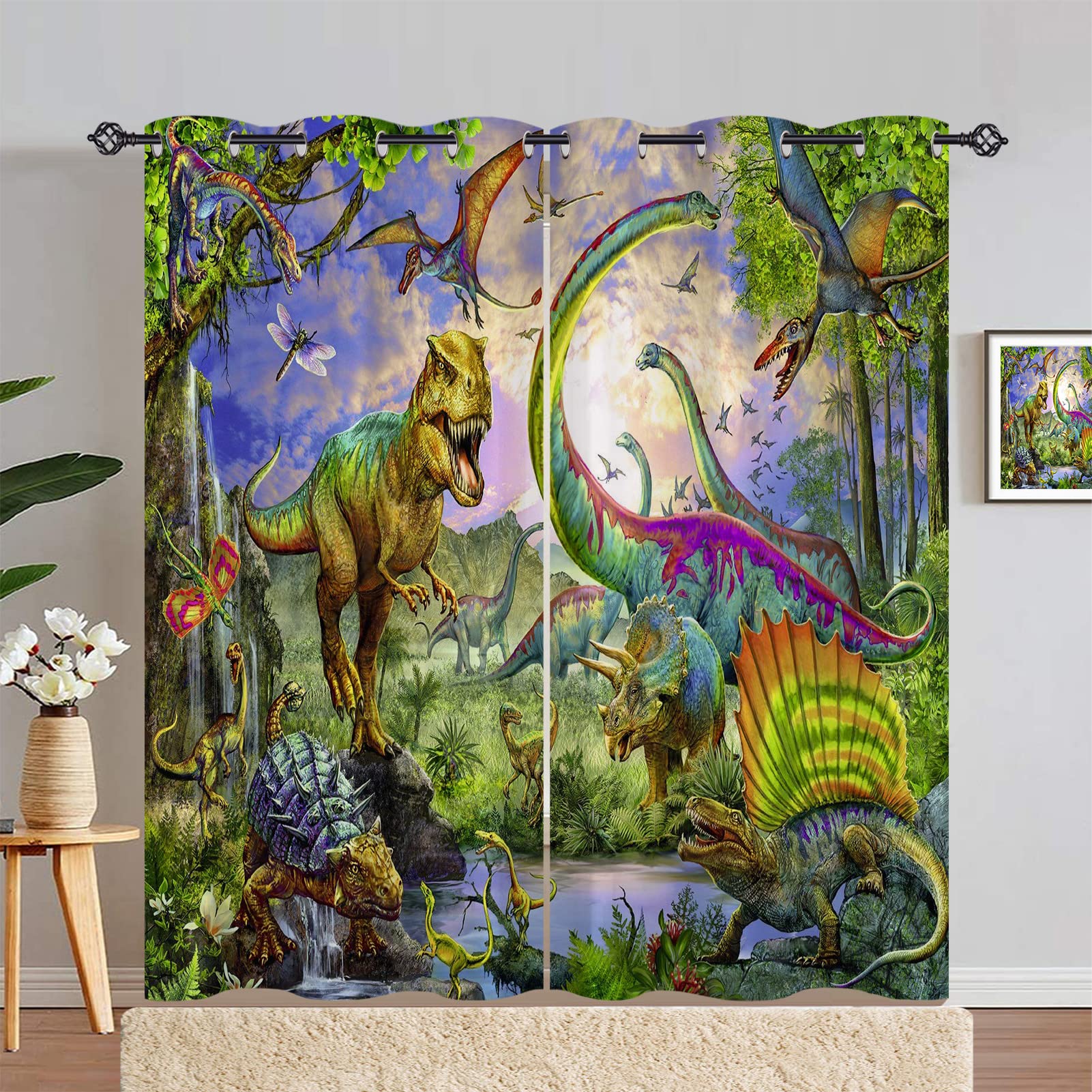 ANHOPE Dinosaur Curtains Eyelet Thermal 80% Blackout Curtains with Jungle Animal Dino T-Rex Print Pattern Soundproof Privacy Window Drapes for Kids Boys Girls Bedroom 55 x 84 Inch Drop 2 Panels โ image 1