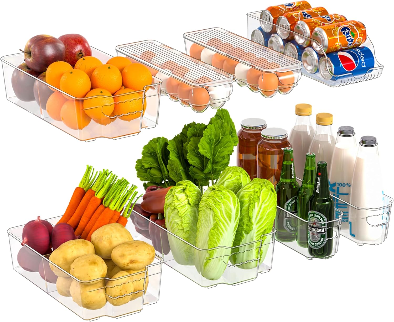 Cq acrylic Fridge Organizer,BPA-Free Clear Plastic Refrigerator Organizer Bins with Handle for Cabinet, Kitchen, Countertops, Cupboard, Freezer Organization, Set of 8