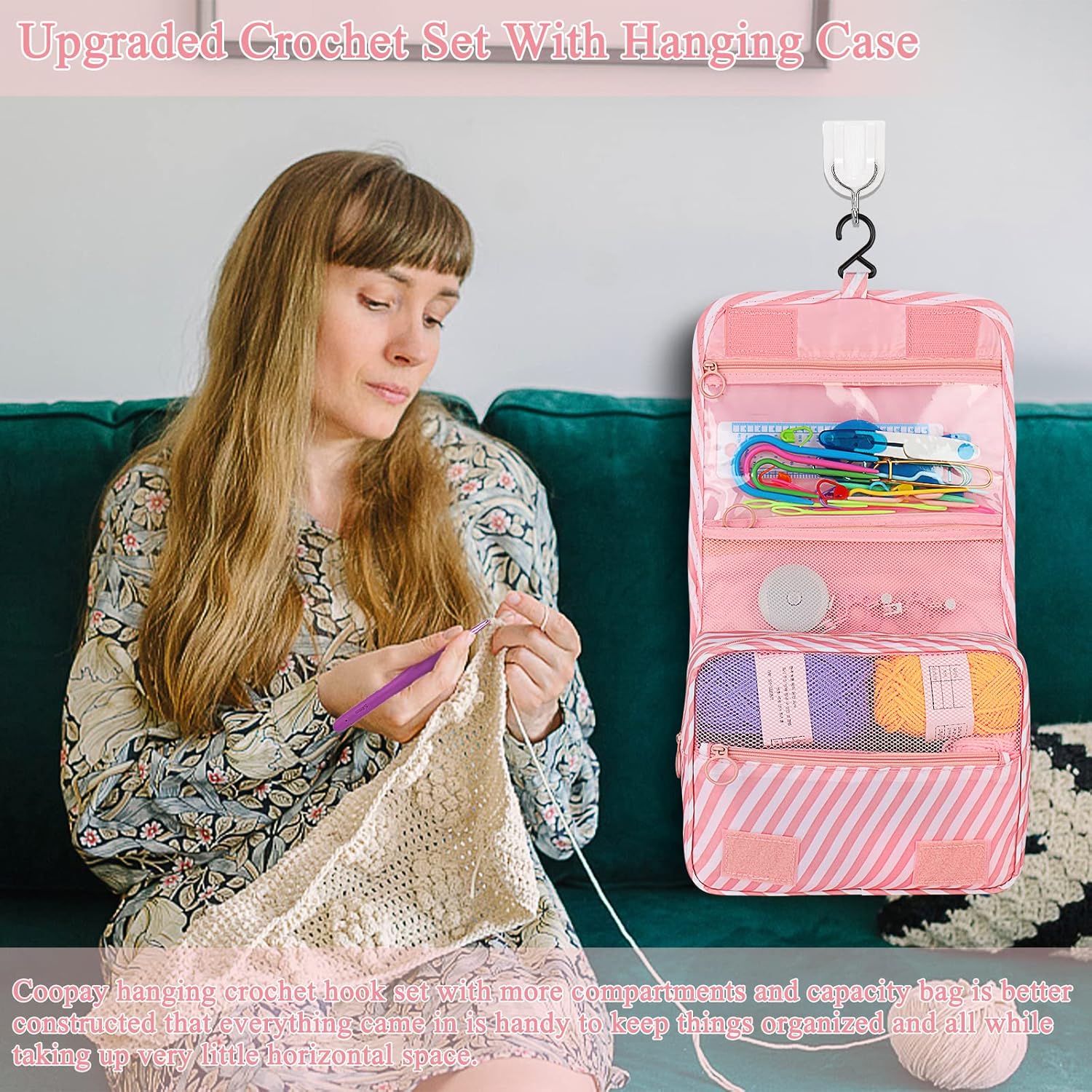 Coopay 63 PCS Crochet Kit for Beginners, Upgraded Crochet Set with Hanging Case & Yarn for Crocheting, Premium Crocheting Hook Set with Book, Crochet Hooks, Yarn, Knitting & Crocheting Supplies