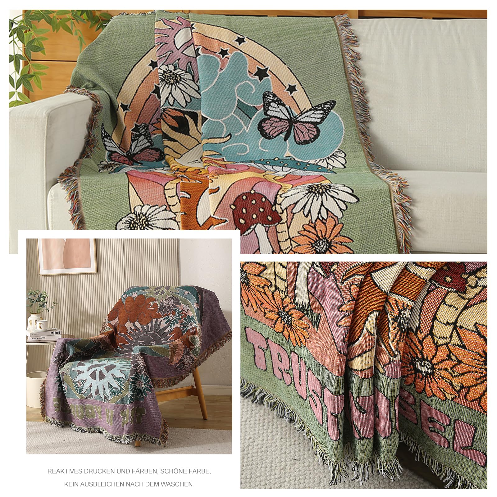 Ergocar Boho Kuscheldecke, Flauschige Wohndecke mit Quasten, Dünn und Bequem Jacquard Überwurf Decke, Weiche & Warme Reisedecken, Couchdecke für Schlafzimmer, Wohnzimmer, Büro