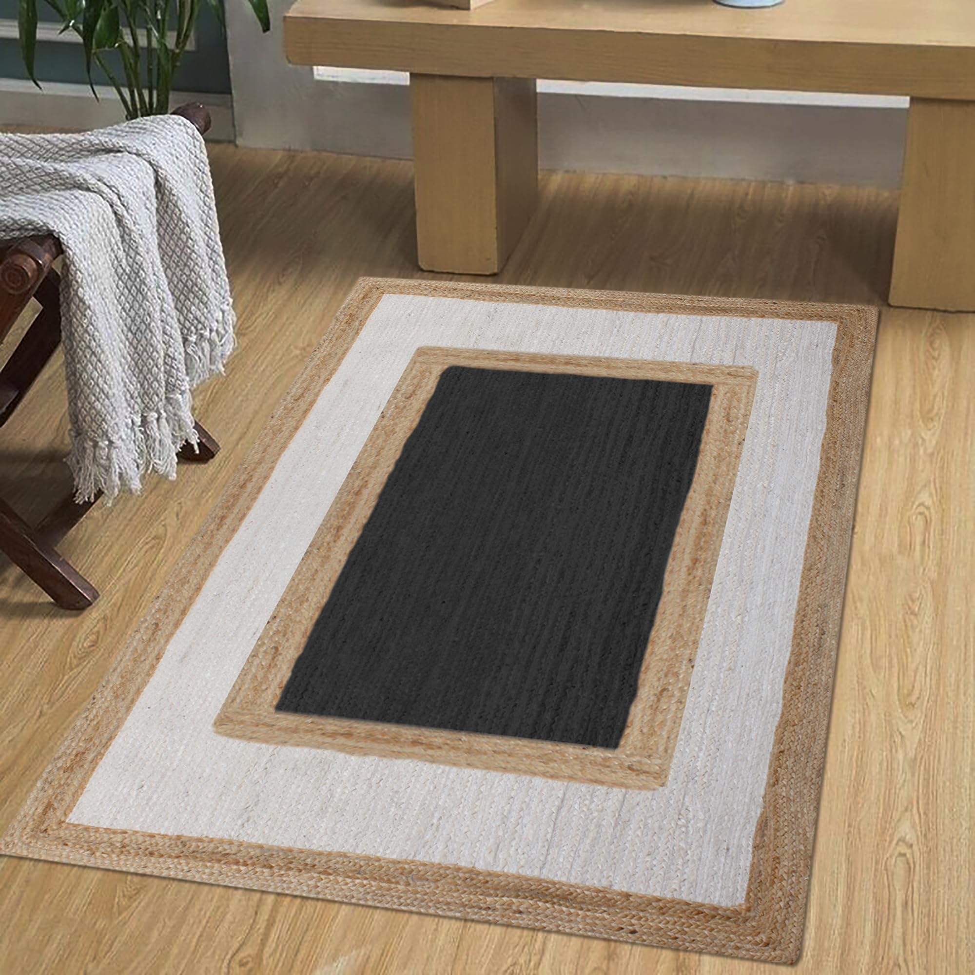 Kilim dywan z juty, chodnik, beżowy, czarny, ręcznie tkany, zaprojektowany dywan, przyjazne dla środowiska, do dużych chodników, salonu, przedpokoju, chodnik, galeria, chodnik 5 x 45 cm