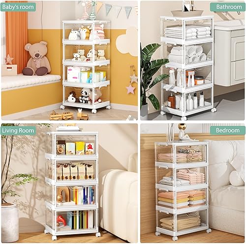 Miniatura 5 de Contenedores de almacenamiento transparentes con tapas, contenedores de plástico de 4 niveles con ruedas, contenedor de almacenamiento apilable,