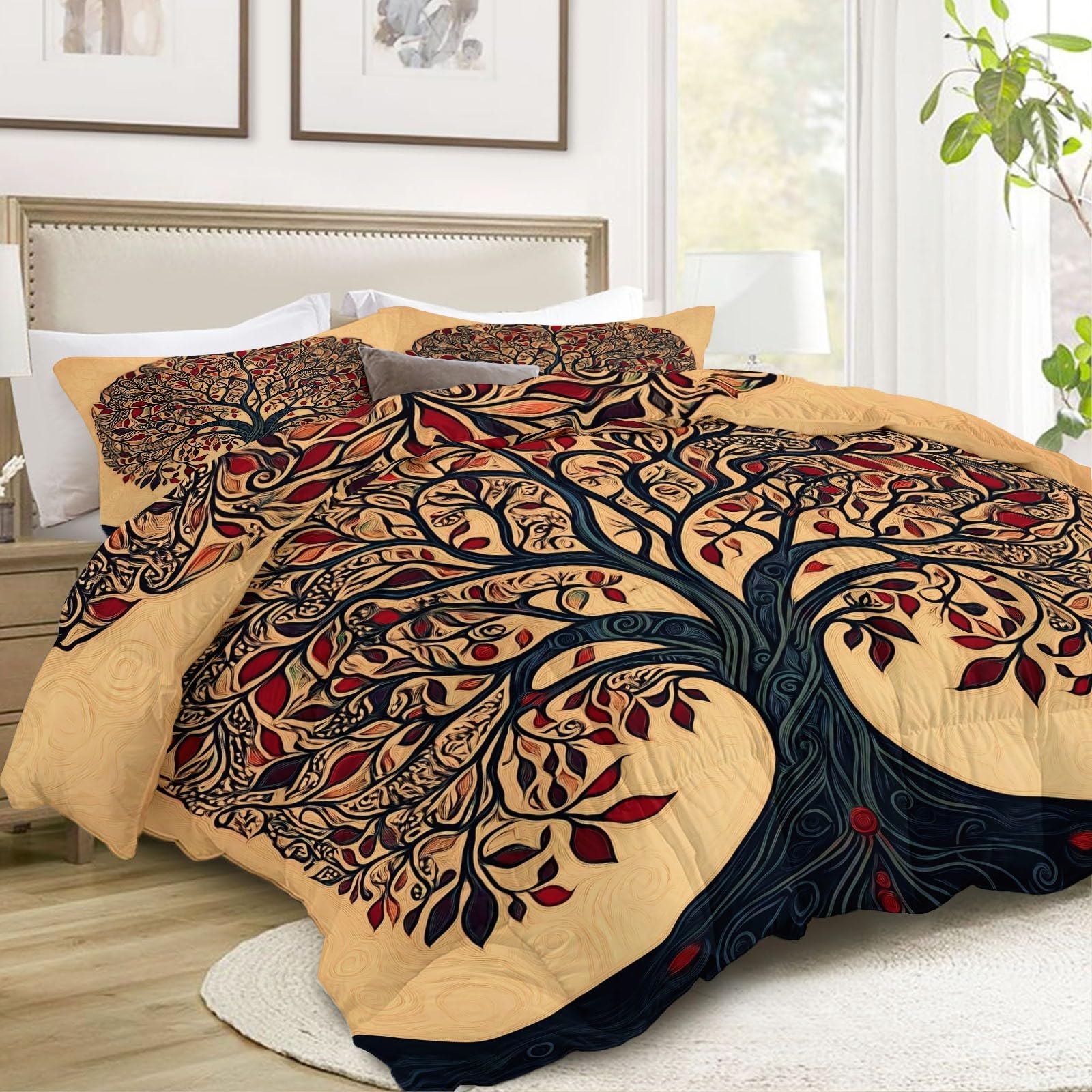 Trapunta Stampa 240 x 260 cm Silhouette Albero Della Vita Mandala Completo copripiumino Matrimoniale/Singolo in Microfibra Morbida – Traspirante, Anallergica & Lavabile – Trapuntatura a Rombi, Beige