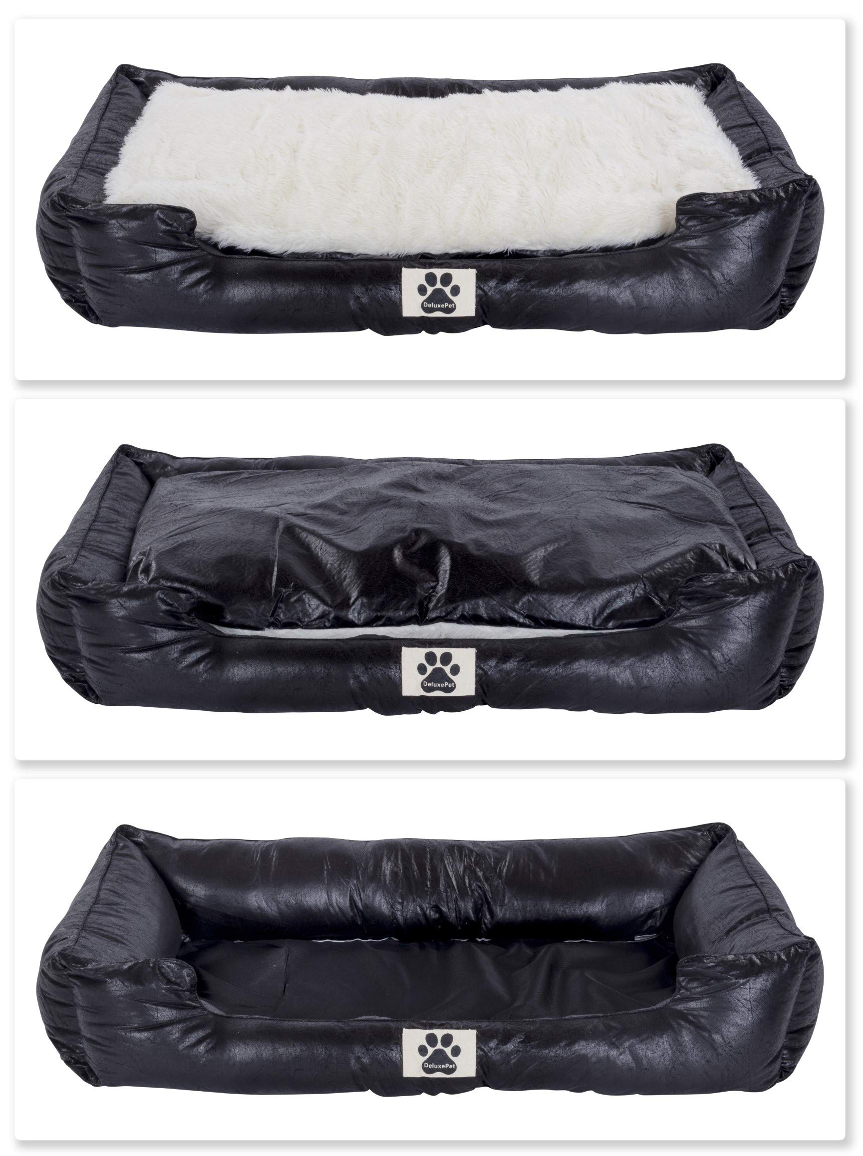 DeluxePet 'Schlummer' Hundebett schwarz 120x80 aus Kunstleder mit 2in1 Wendekissen, Hundekissen für große Hunde mit einer Fell und Leder Seite, Seiten weich gepolstert, Anti-Rutsch Rückseite
