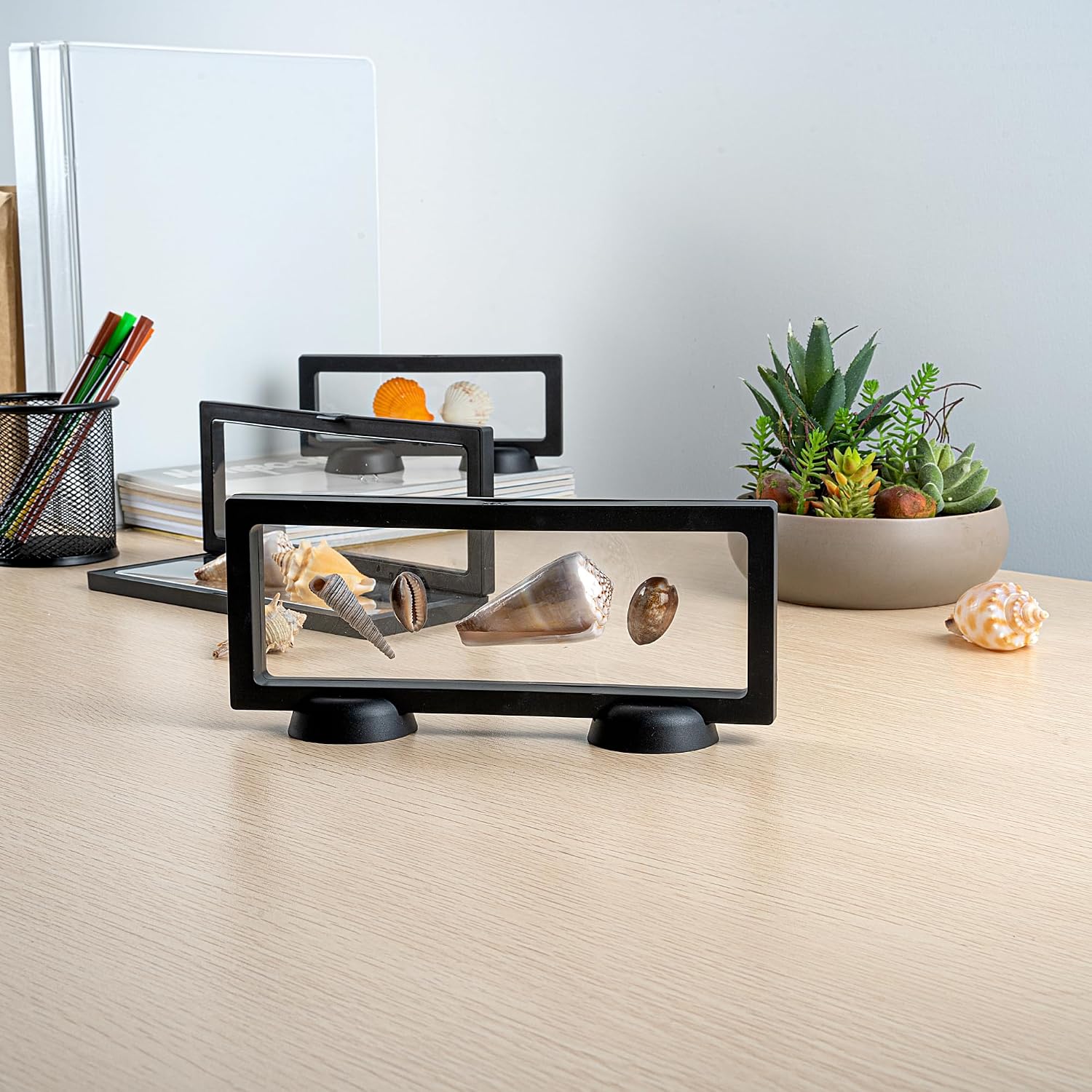 Restaurantware-Display Tek 9.1 x 3.5 Inch Floating Display Cases, 10 Frame Cases - Stands Sold Separately, 3D Floating, Black Plastic Rectangle Holders, For Securing Mementos