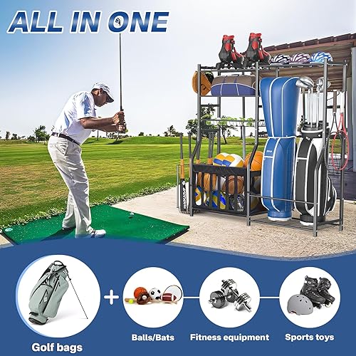 Miniatura 7 de Garage Sports Equipment Organizer, Strong Load Bearing Golf Bag Organizer, Multi Use Golf Ball Rack Basketball Rack for Sports Gear and Outdoor Toy