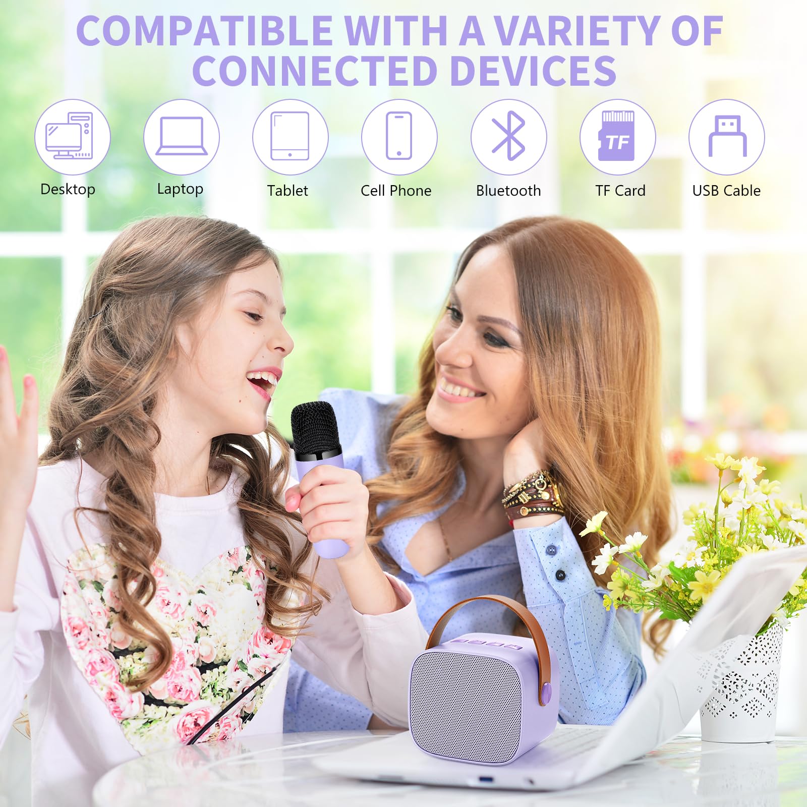 Damcyer Microfono Karaoke Giocattoli con 2 Microfoni Wireless,Karaoke Macchina per Bambini Mini con Bluetooth, Microfono Karaoke Portatile per Bambini e Principianti,Viola