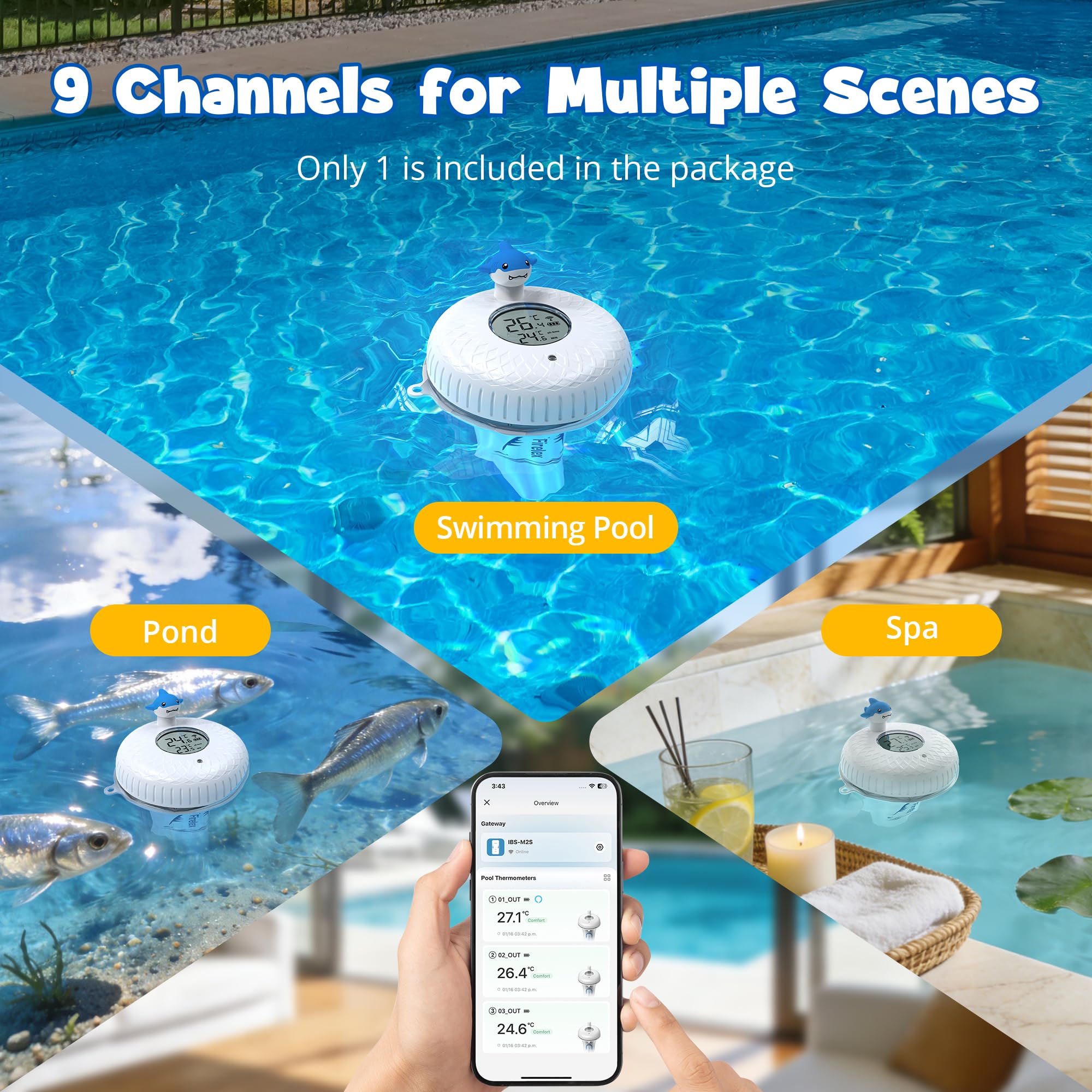 WLAN Pool Thermometer Funk Schwimmend mit Gateway, Smart App Benachrichtigung 2,4 GHz, Digitales Poolthermometer für Alexa Sprachsteuerung, Wasserthermometer für Pool, Whirlpool, Spa, Teich