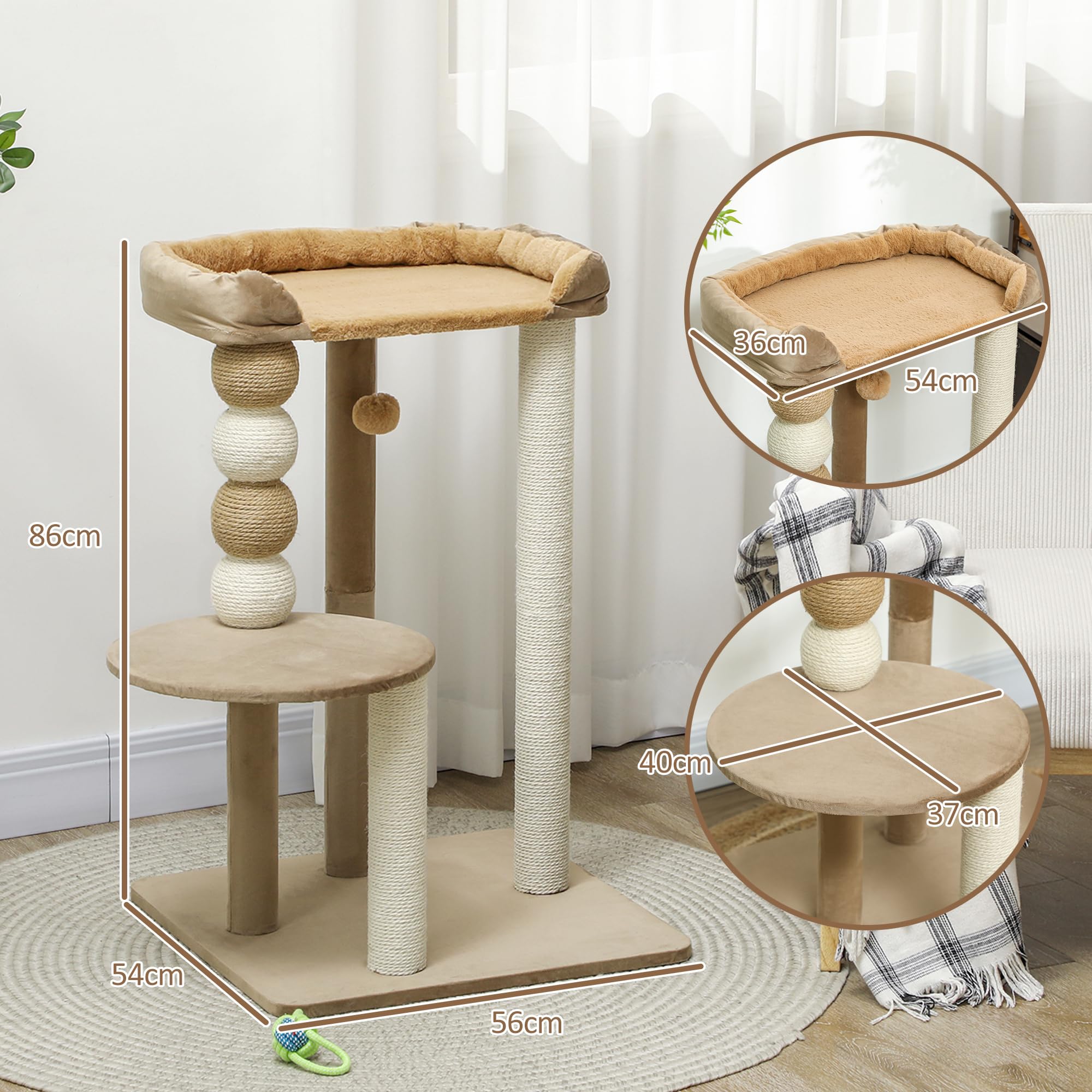 PawHut Kratzbaum 86 cm mit Sprungplattform für Katzen bis 7 kg Kaffee | Katzenbaum, Bett, Spielball, Katzenkratzbaum mit Jute-Kratzsäulen