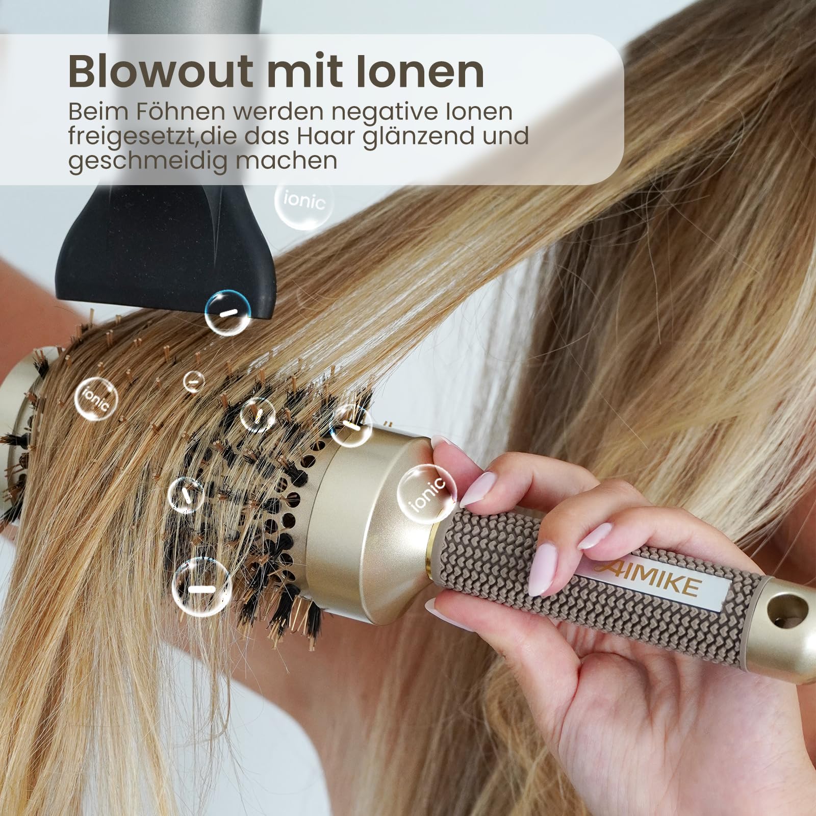 AIMIKE Grosse Rundbürste zum Föhnen für Lange Haare,Rundbürste Groß mit Wildschweinborsten und Rutschfestem Griff, Haarbürste Rund für das Trocknen der Haare, Glätte, Volumen und zum Glänzen-53MM