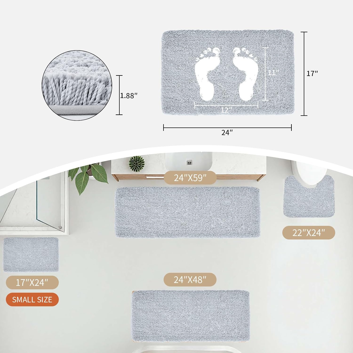 Disolla Silver Grey Bathroom Rugs 17x24, Non-Slip Plush Small Bath Mat image 2