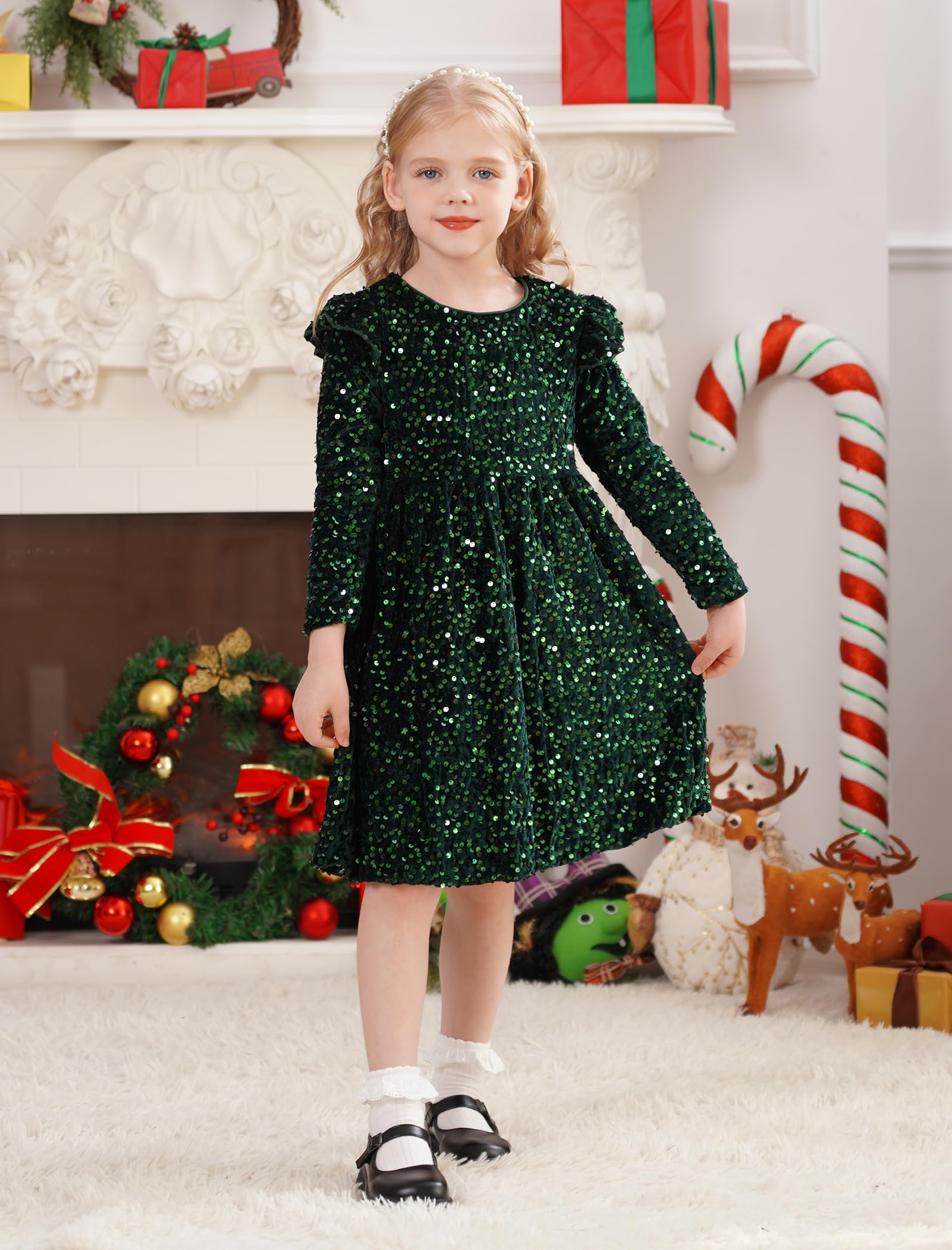 Toddler Christmas Dress Baby Girls Velvet Sequin Dress Long Sleeve Party Birthday Dresses A-line Pageant Birthday Formal Dance Ball Gown Fall Winter Outfit Green 18-24 Months