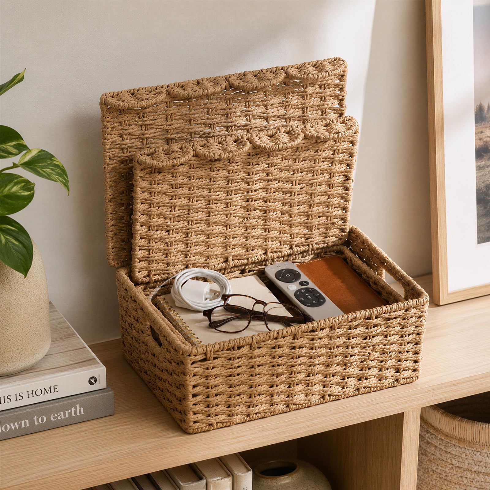 Scalloped Wicker Baskets with Lid - Decorative Storage -5