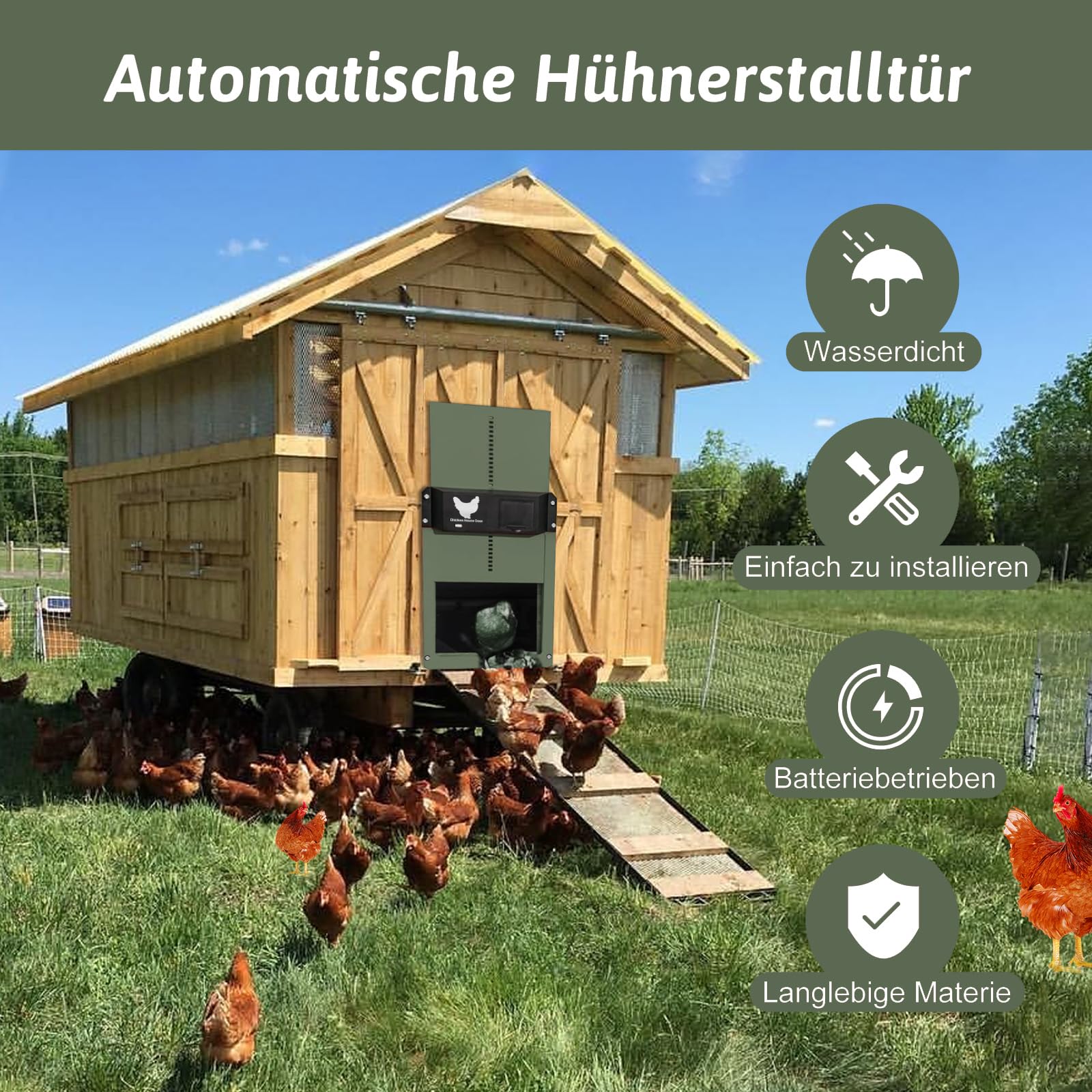 Automatische Hühnerklappe, Elektrische Hühnerklappe Automatisch, Automatischer Türöffner Hühnerstall, Hühnertür Inklusive Schieber Mit Führungsschienen, Sichere Hühneraufzucht(Grün)