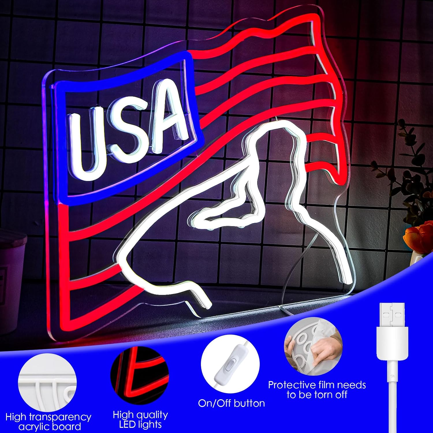 Veterans Day Neon Sign USA Flag Led Sign for Wall Decor Patriotic Neon Sign Bedroom Home Decor Classroom Art Student Gift Christmas Party