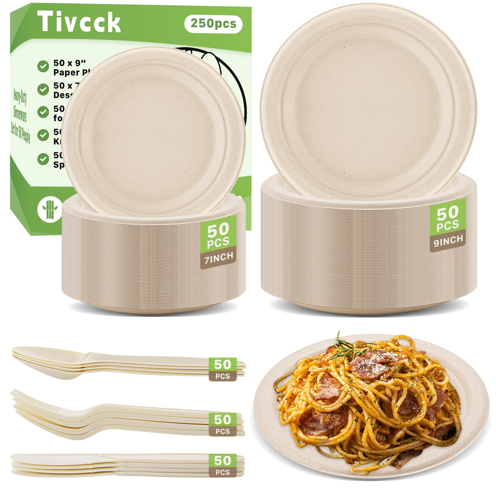 Juego de 250 platos de papel compostables, platos compostables, utensilios de caña de azúcar, juego de vajilla desechable, incluye platos biodegradables, platos ecológicos, tenedores