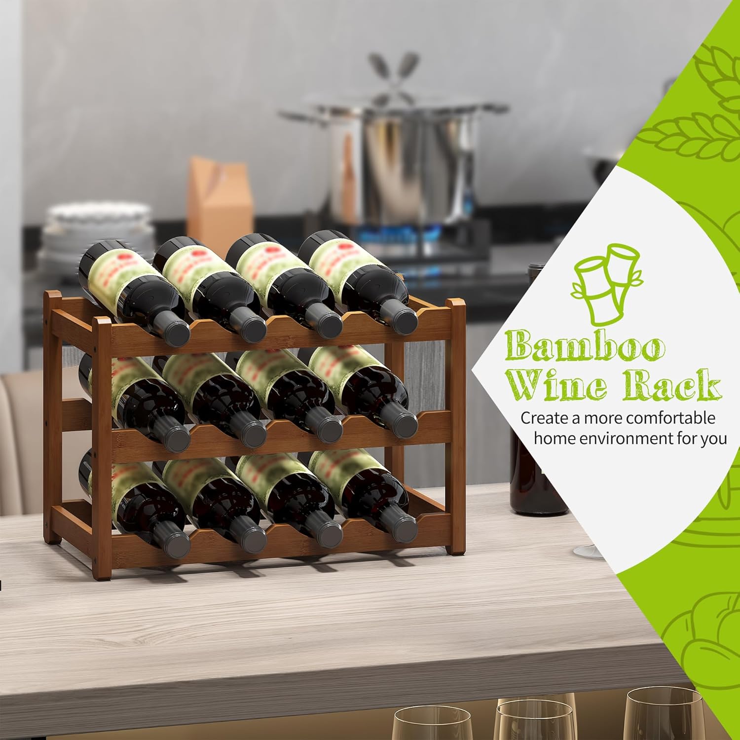 BMOSU Bamboo Wine Rack Wine Storage Cabinet Shelf 12 Bottle Wine Racks Countertop Sturdy for Kitchen Dining Room Pantry - 3 Tiers Wine Rack(Brown)