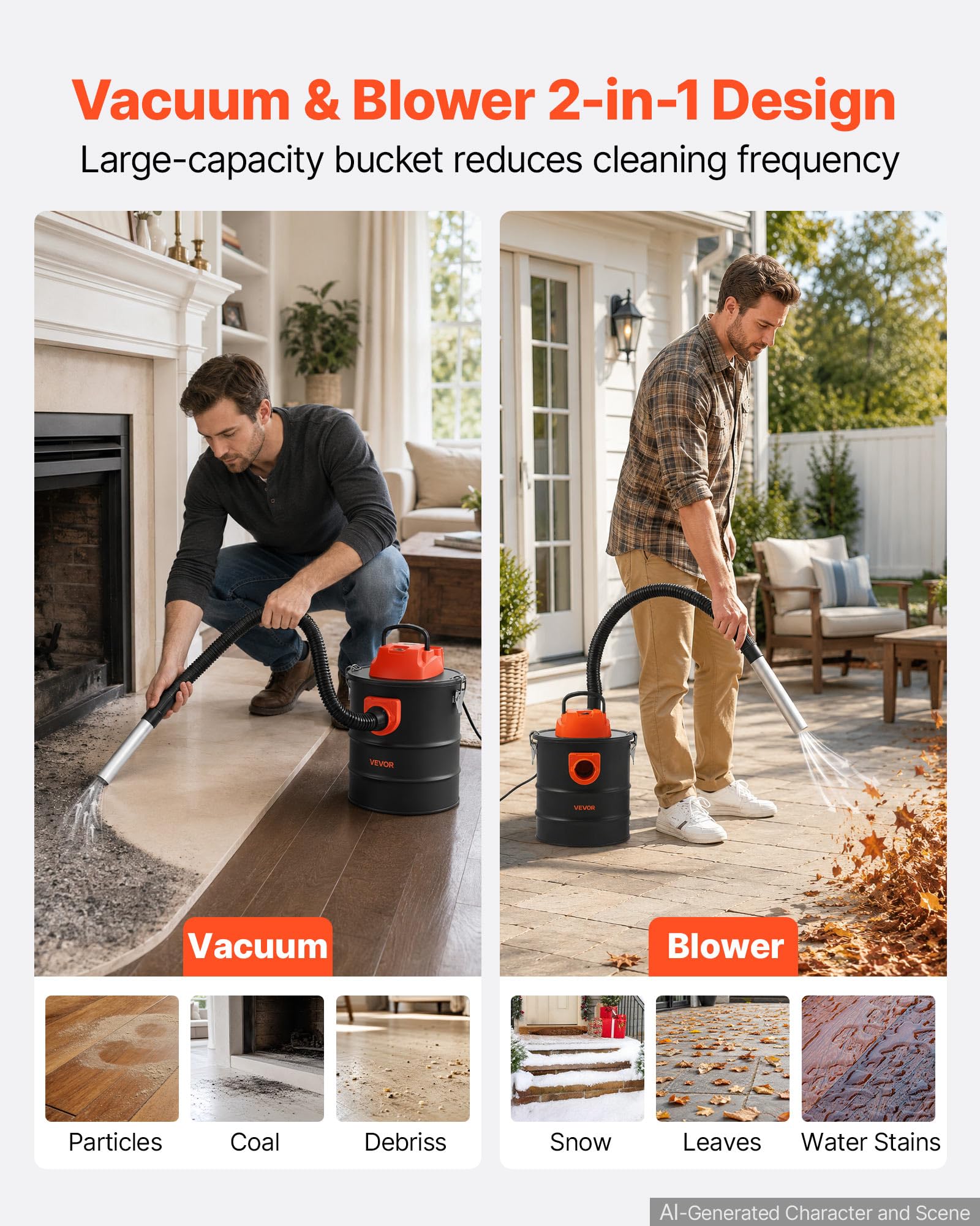 VEVOR Aspirateur à Cendres 15 L 1200 W, Aspirateur Cheminée avec Cuve Acier