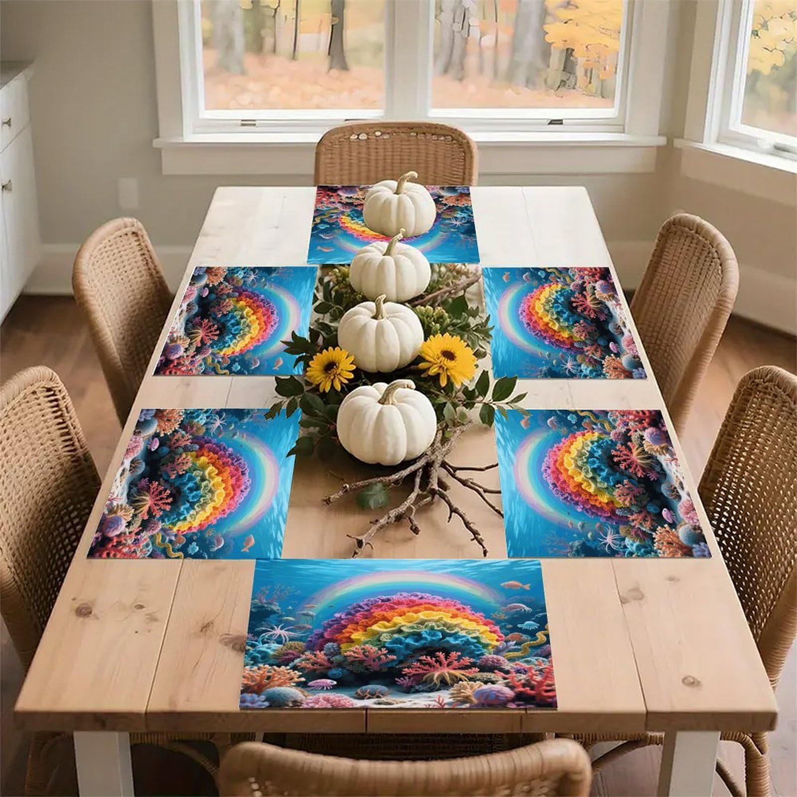 Rainbow Coral Reef Placemats Heat Resistant Non-Slip Place Mats Washable Wipeable Table Mat Kitchen Dining Table Decoration Placemats Indoor Outdoor Place Mats 17.7’’×11.8’’