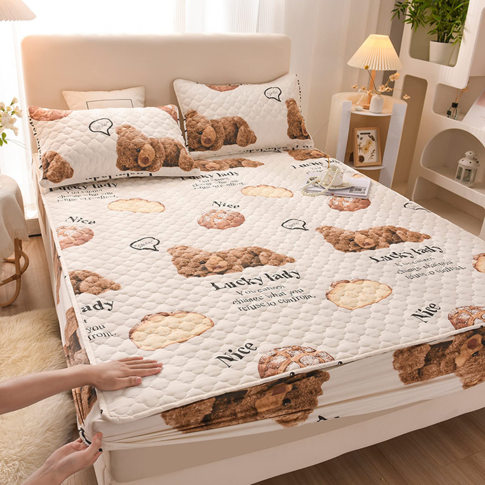 Waterproof Mattress Protector Bedspread Dustproof Padded Thicken Warm Bed Sheet Bedspread Washable Embossed Pad Textile,Triple Filled Quilted Mattress Protector,180x200cm+30cm