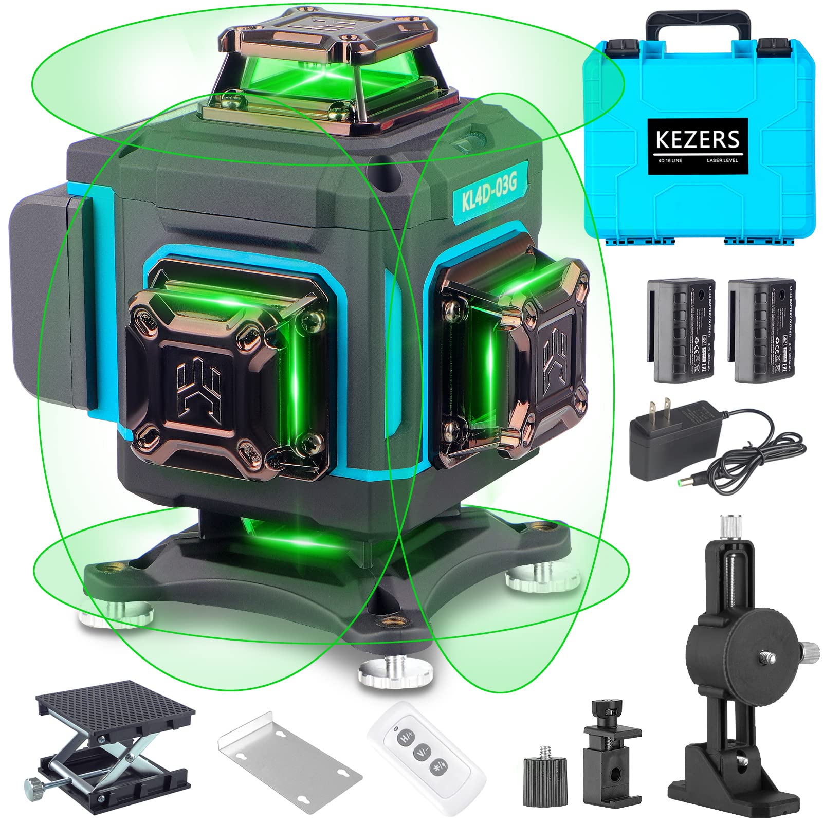 KEZERS Laser Level 360 Self Leveling,4 x 360 Laser Level with Screen Green Laser Level Line tool Leveling and Alignment Laser Tool with Pulse Mode for Construction and Picture Hanging,Remote Control