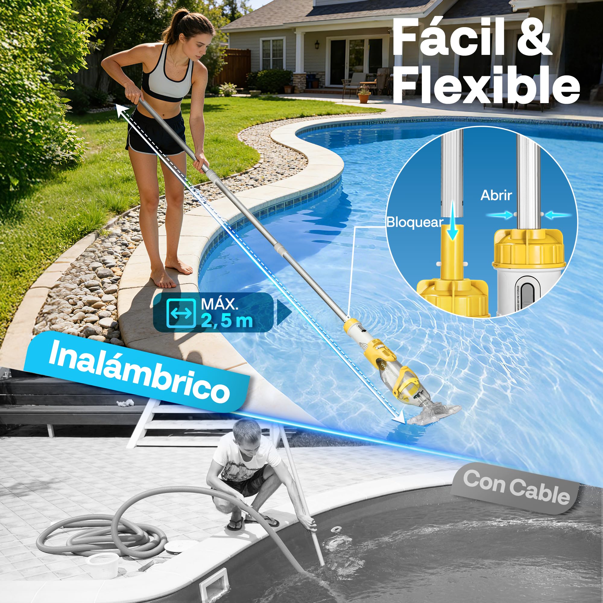 VIVOHOME 4300LPH Limpiafondos de Piscina con Indicador de Batería, Aspiradoras de Mano para Piscinas con Aluminio Extraíbles de 250cm para Jacuzzi, SPA, Piscina