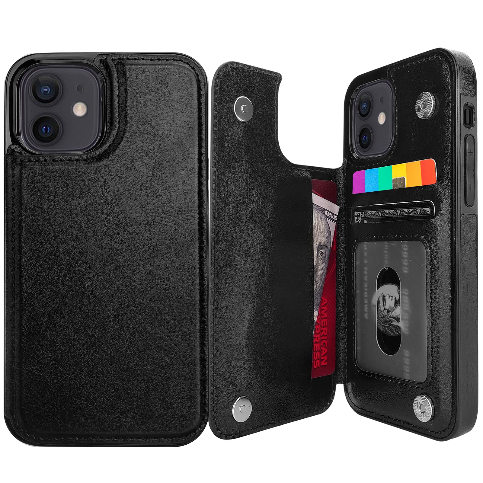Pretocter for iPhone 12 & iPhone 12 Pro Wallet Case with Card Holder, Faux Leather Kickstand Card Slots Case, RFID Blocking Magnetic Shockproof Protective Slim Flip Phone Case 6.1” Black