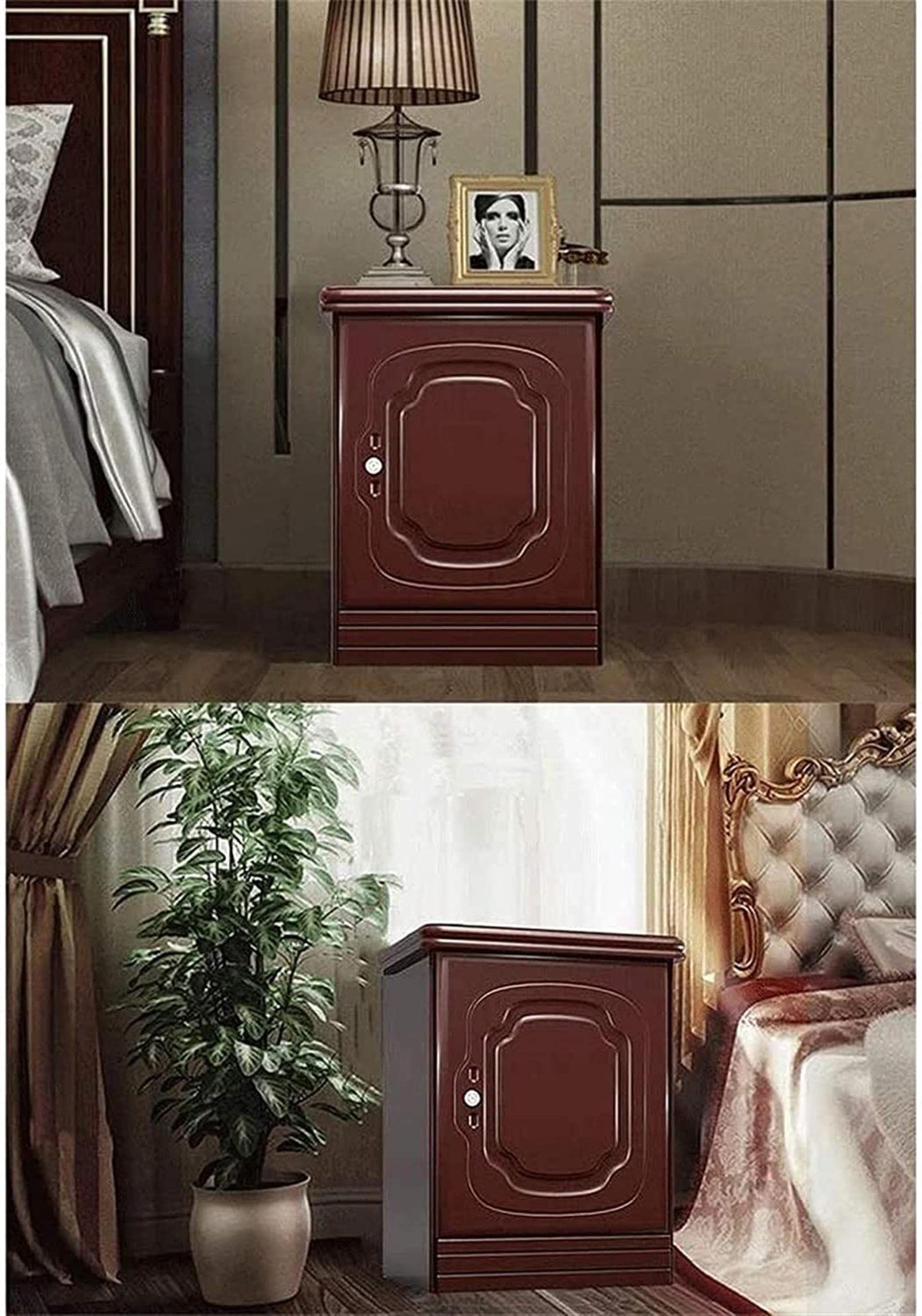 Strongbox - Caja fuerte ignífuga impermeable con carcasa de madera invisible para mesita de noche, mecánica, electrónica, huella dactilar, contraseña, antirrobo, todo de acero, interior de acero (rojo