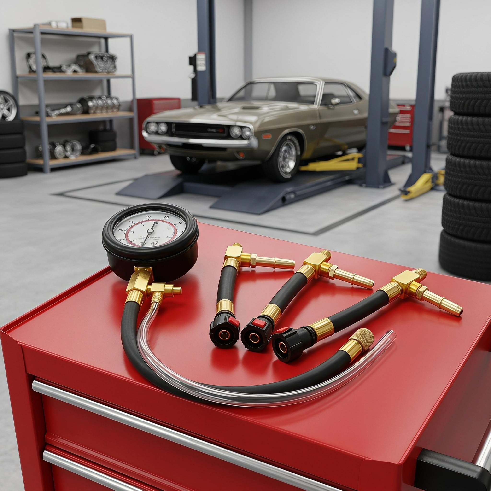 YARNOW 1 Juego de Kit de Prueba de presión de Combustible de 0 a 100 PSI con Conexiones de línea de Combustible de 6.3, 7.89 y 9.49 - Manómetro de presión de Gasolina, Herramienta de Prueba para