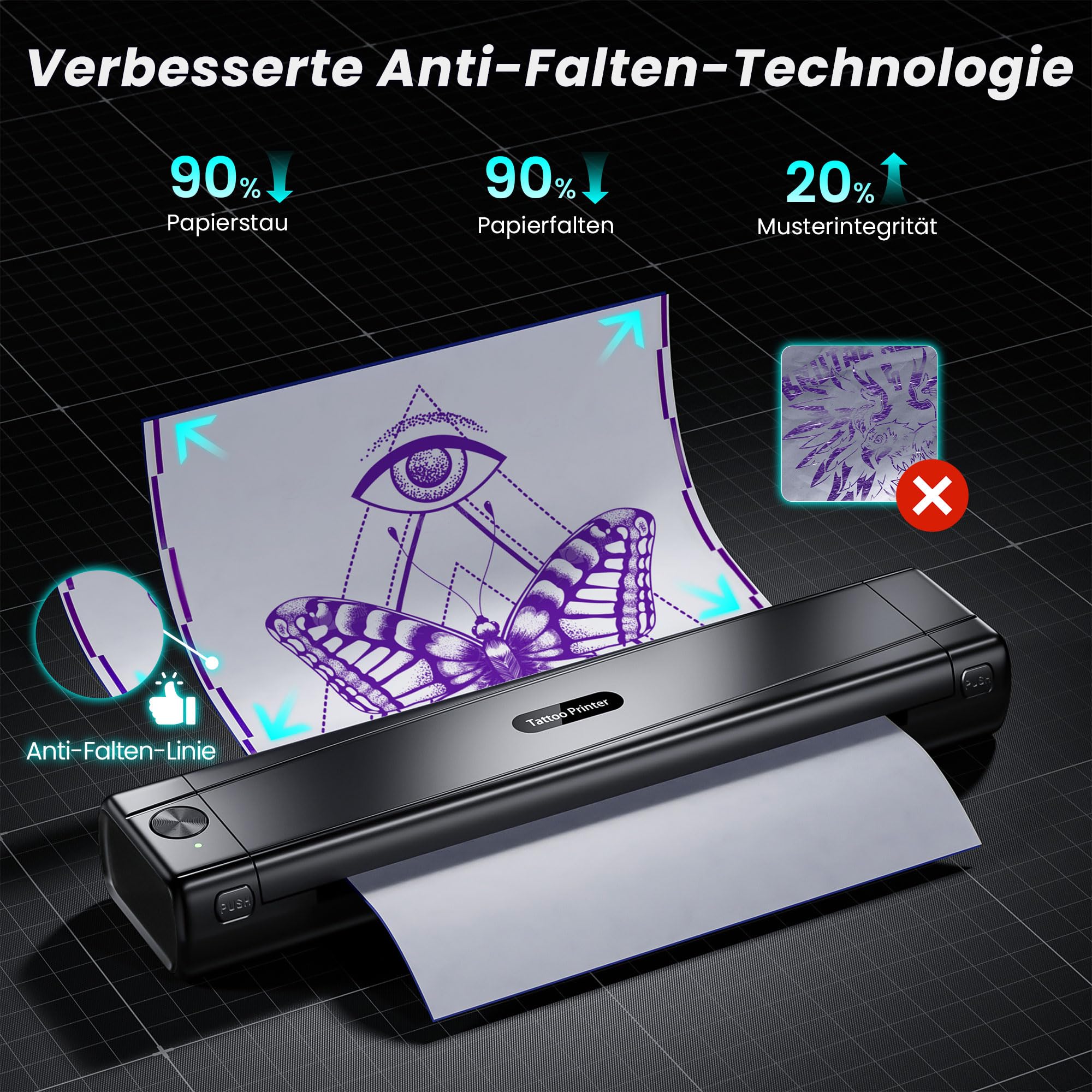 TATTMUSE Tattoo Drucker Bluetooth, Schablone Drucker mit 10 Stück Papier, A887 Stencil Drucker mit Smartphone & PC, Tattoo Transfer Nadeldrucker für Tattoo Künstler und Anfänger, Schwarz