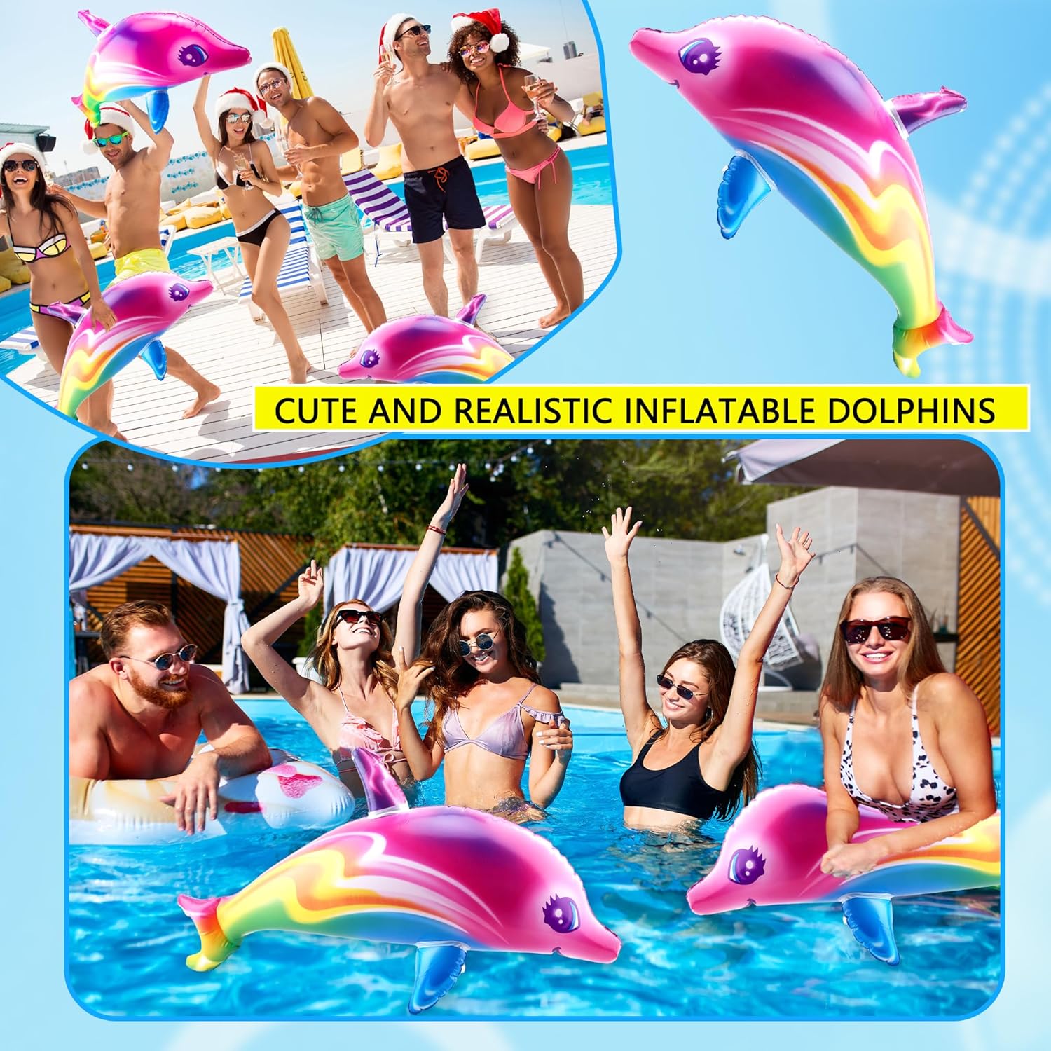 8 Pack Inflatable Rainbow Dolphin 34 Inch Colorful Inflatable Dolphin Inflate Blow up Dolphin Inflatable Pool Toy for Swimming Pool Beach Birthday Water Theme Party Decoration