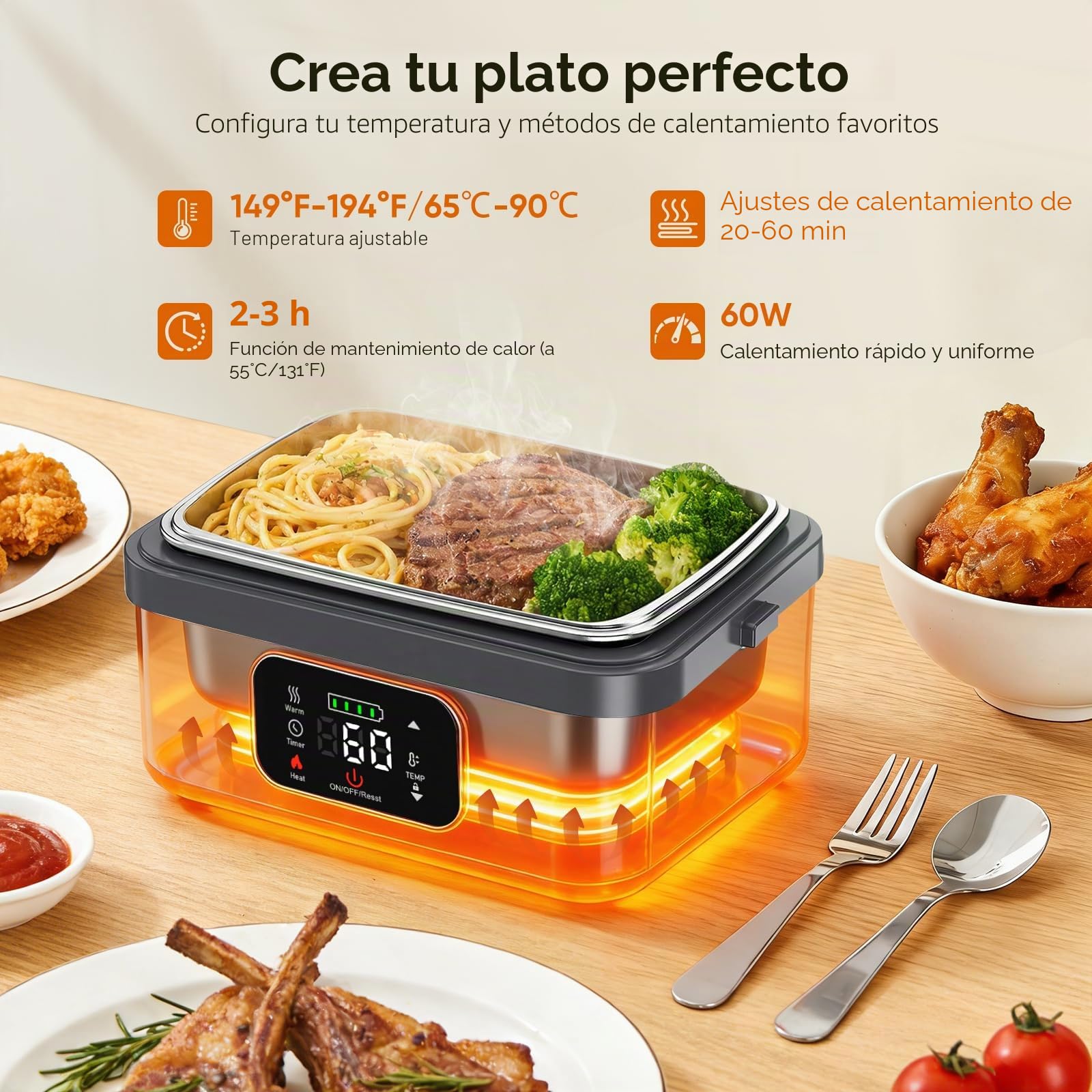 Fiambrera Electrica,Calentador de Comida Portatil 1L para Comida con Pantalla Táctil,Taper Termico Comida Caliente con Vajilla de Acero Inoxidable y Bolsa Aislante para Coche(Negro y gris)