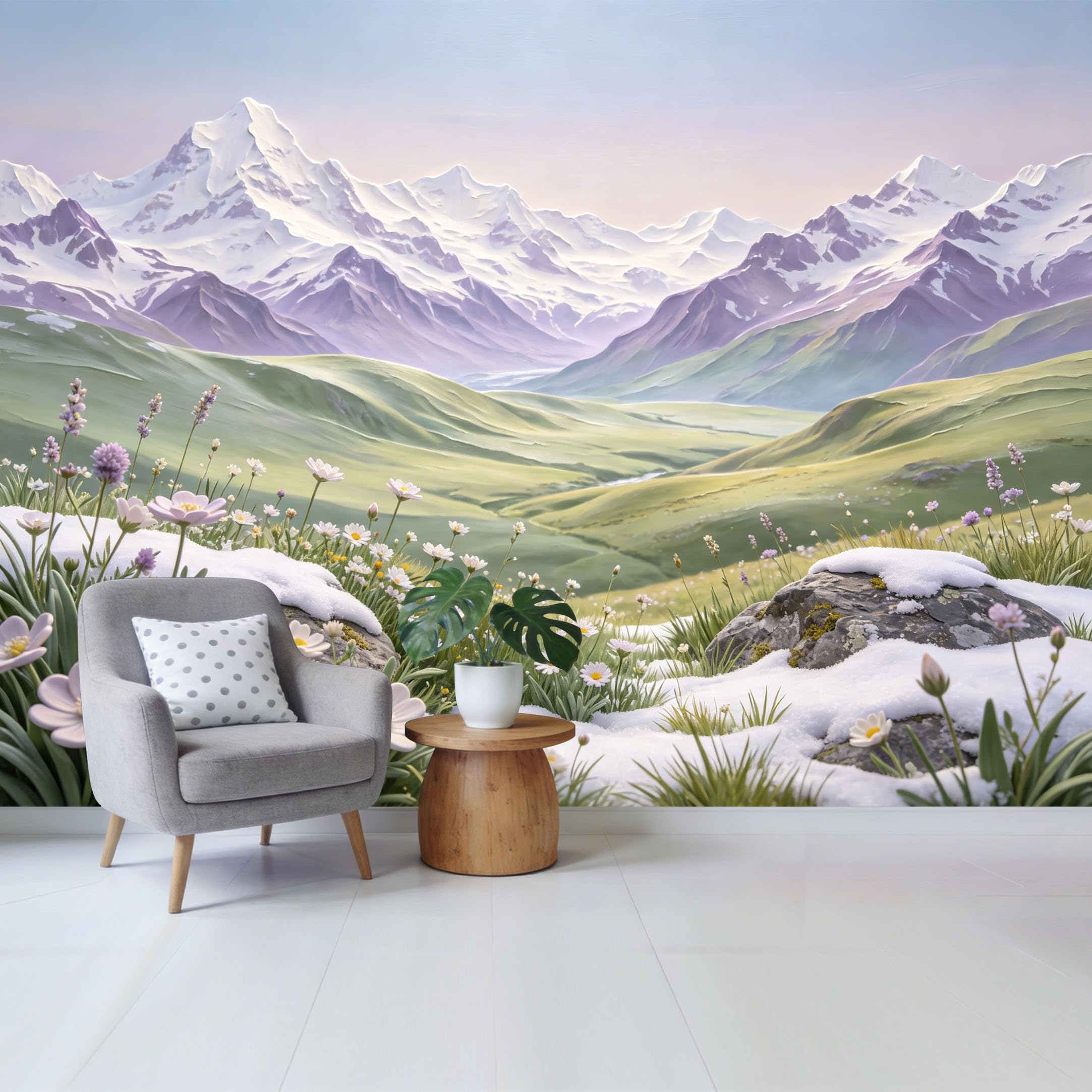 Custom Size Wall Mural Snowy Mountain Peak Alpine Meadow Wildflower Oil Painting Landscape SelfAdhesive Wall Fabric Removable Wallpaper for Home Office Decor