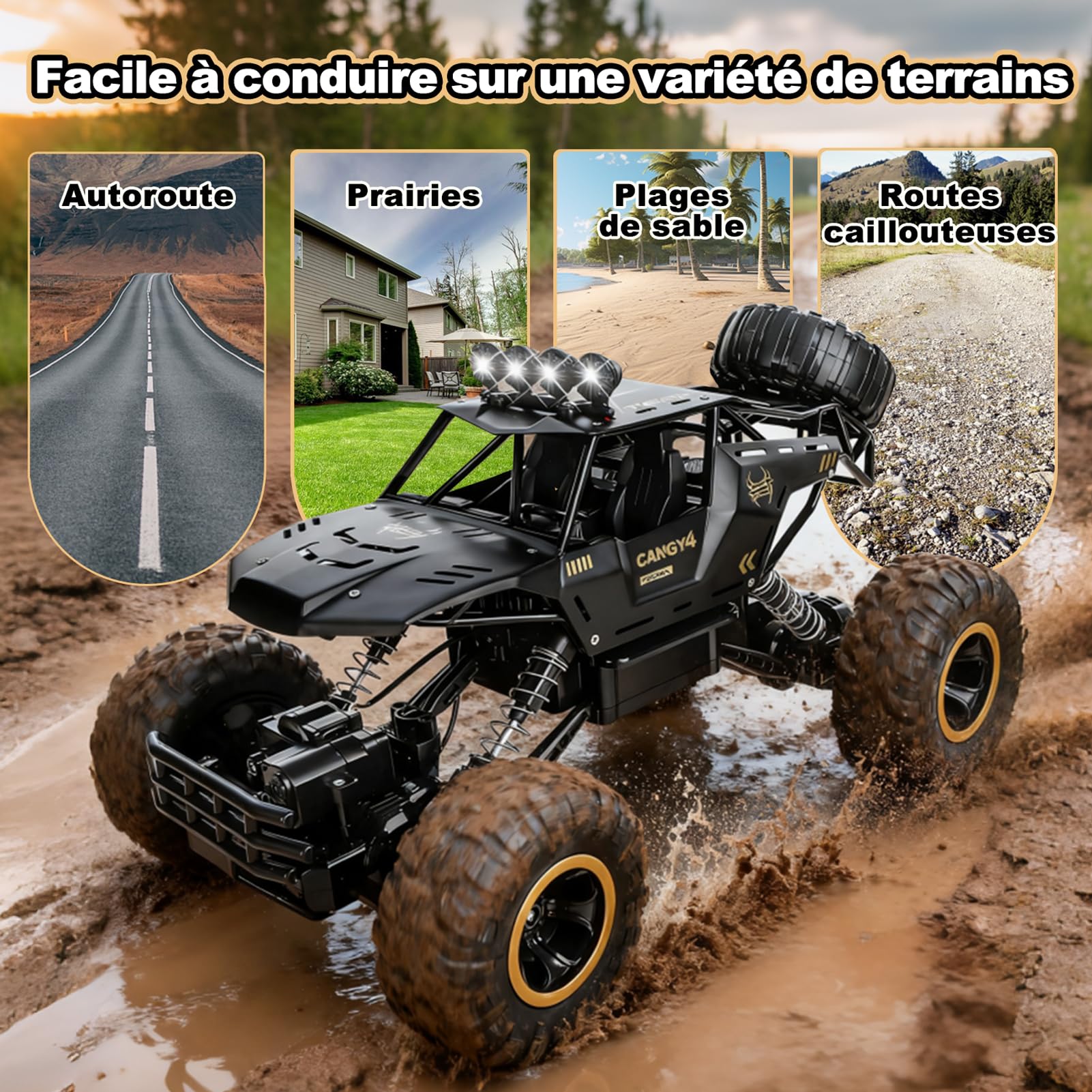 Jiakora 1:12 Grande Voiture télécommandée, 2,4 GHz rc Jouet, 4x4 télécommandée Tout Terrain, Monster Truck avec lumière LED, 2 Batteries, Voiture téléguidée Enfant Cadeau pour garçons de 6 Ans
