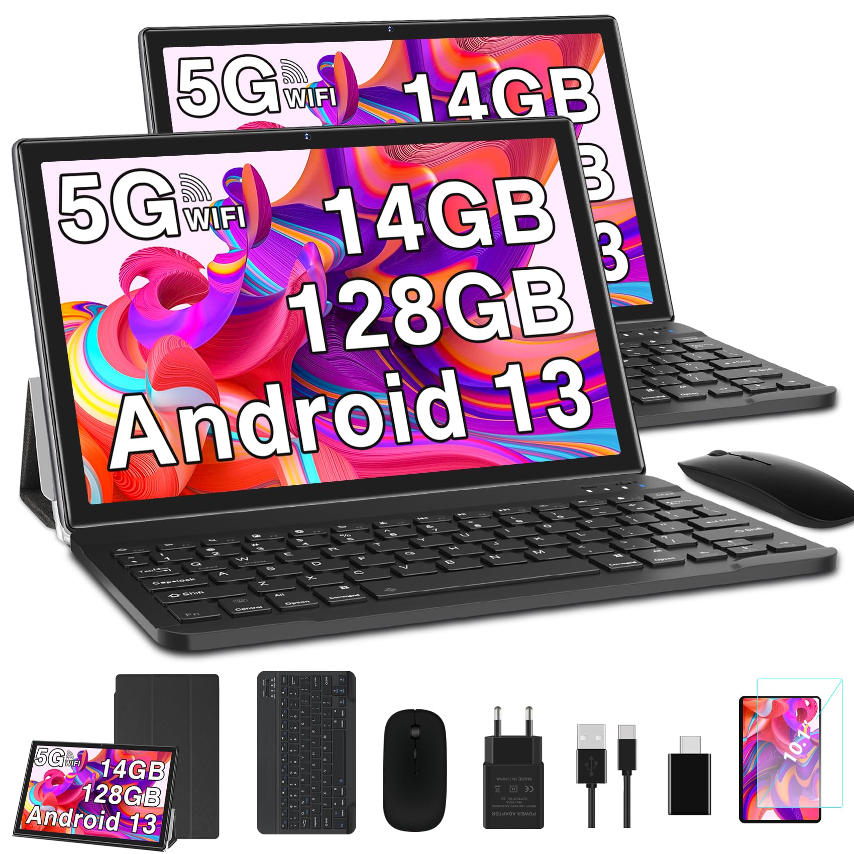SUAAT Android 13 Tablet 10 Pulgadas, 14GB RAM+128GB ROM (TF 1TB), 5G + 2.4G WiFi, GPS/2.0 GHz/Bluetooth 5.0/8000mAh/8+5MP/1280 * 800 Pixels/GMS,Tablet 2 en 1 con Teclado y Ratón- Negro 2
