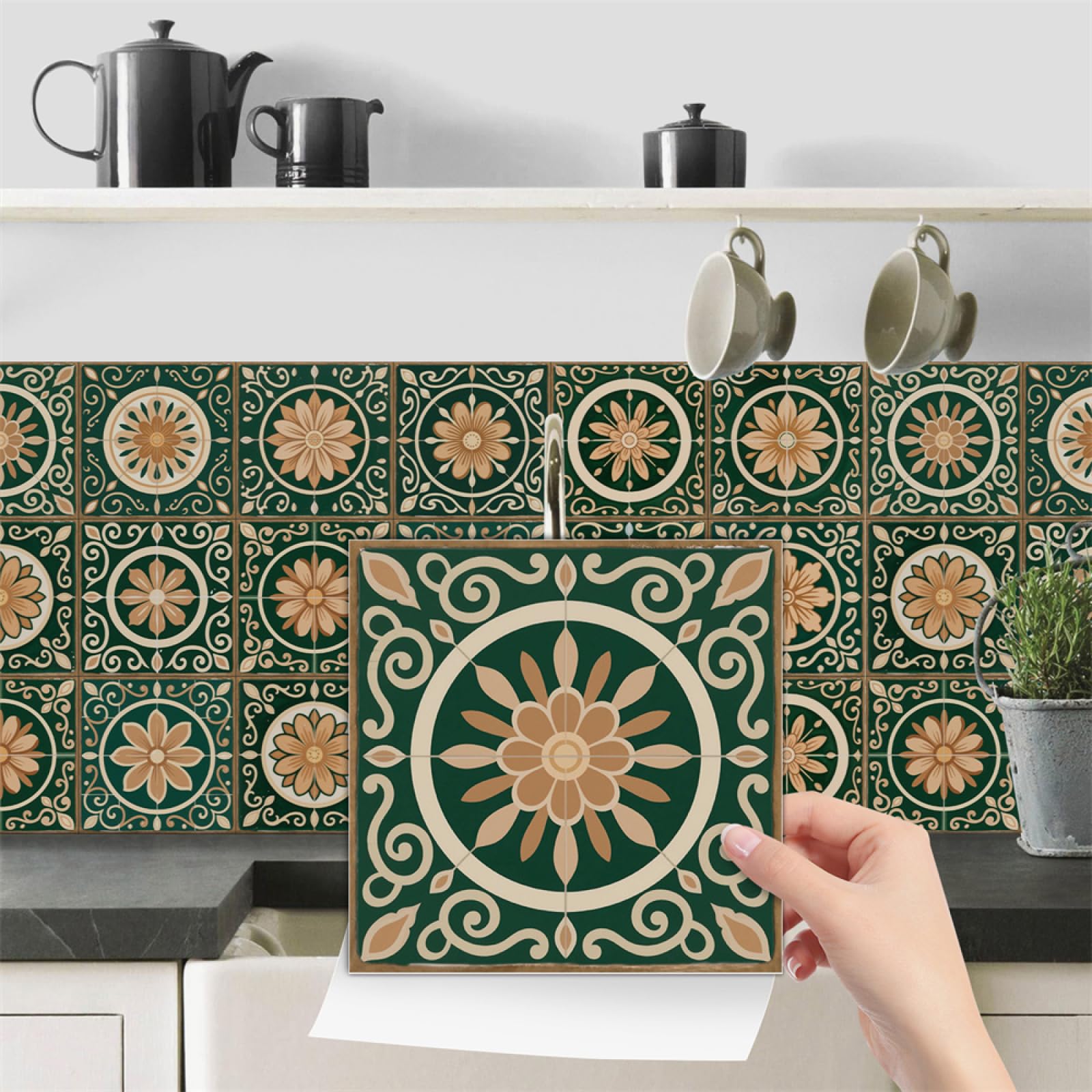 Tile Decals, Green Flowers Tile Stickers Transfers,Peel and Stick Wall Self Adhesive Vinyl Home Decor(20X20CM/24PCS)