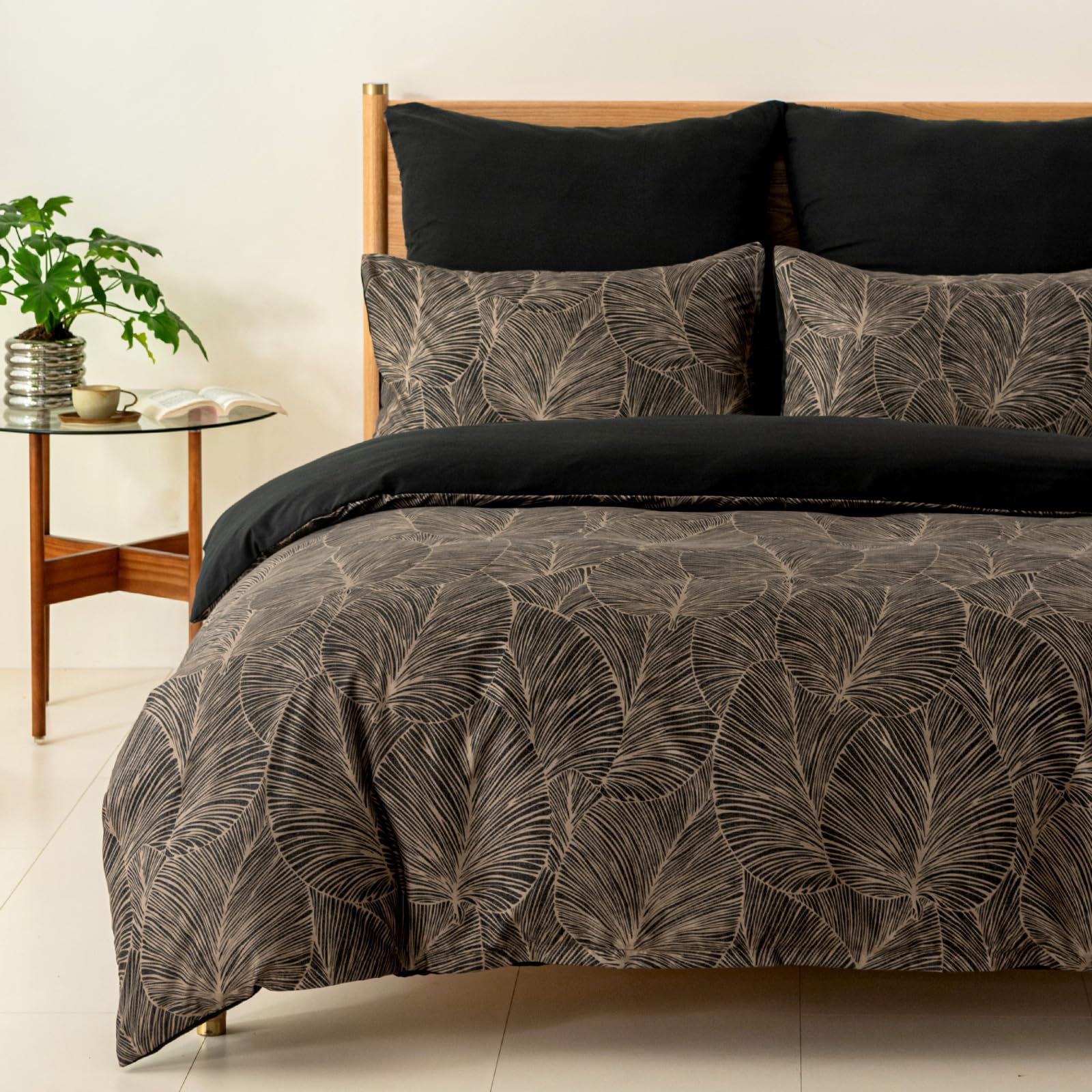 Tokokimo - Funda nórdica de 220 x 240 cm con 2 fundas de almohada de 65 x 65 cm, diseño de hojas tropicales - Juego de cama de 220 x 240 cm - Funda nórdica con cremalleras, marrón oscuro